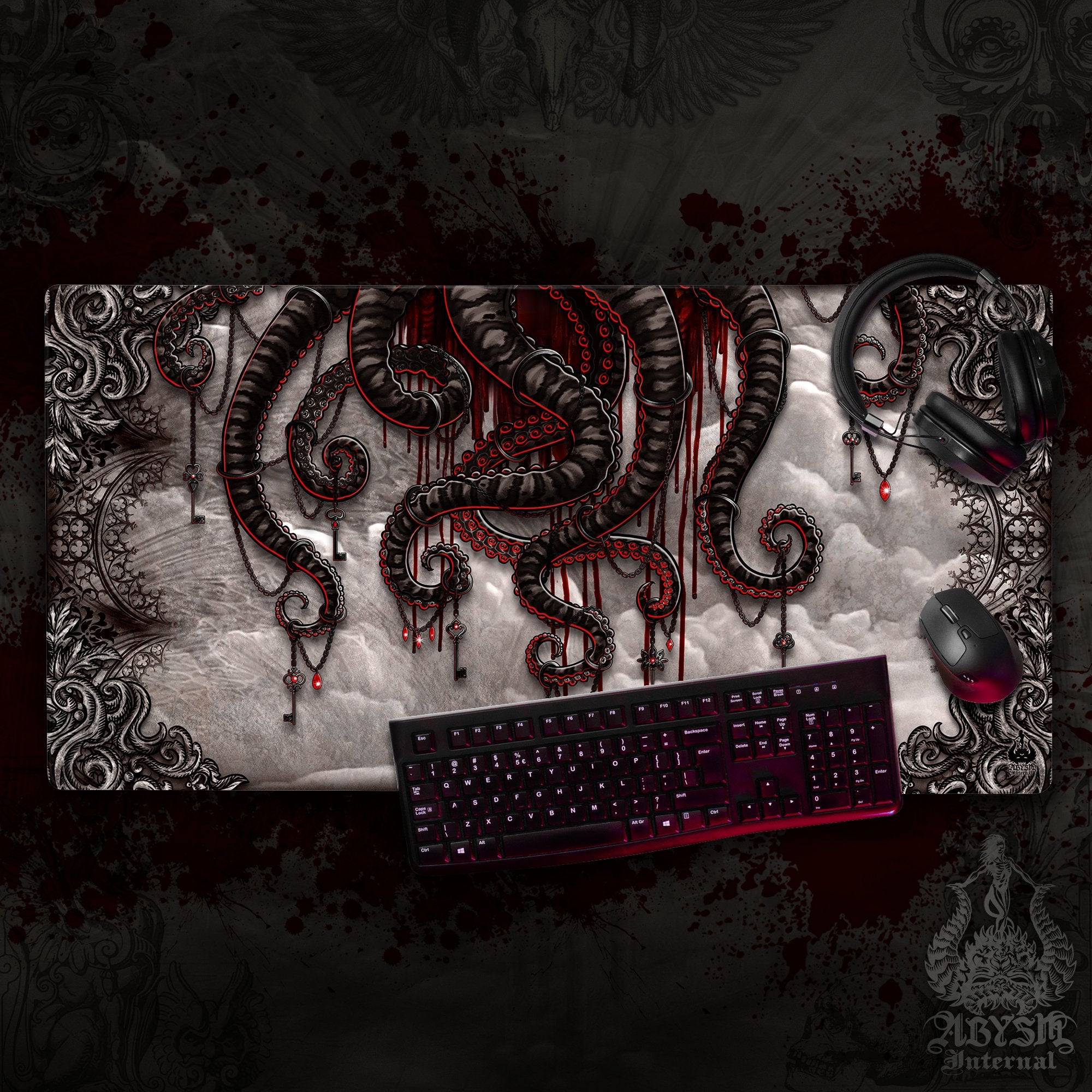 Goth Horror Desk Mat, Octopus Gaming Mouse Pad, Gothic Gamer Table Protector Cover, Tentacles Workpad, Fantasy Art Print – 2 Colors Goth Horror Desk Mat, Octopus Gaming Mouse Pad, Gothic Gamer Table Protector Cover, Tentacles Workpad, Fantasy Art Print – 2 Colors