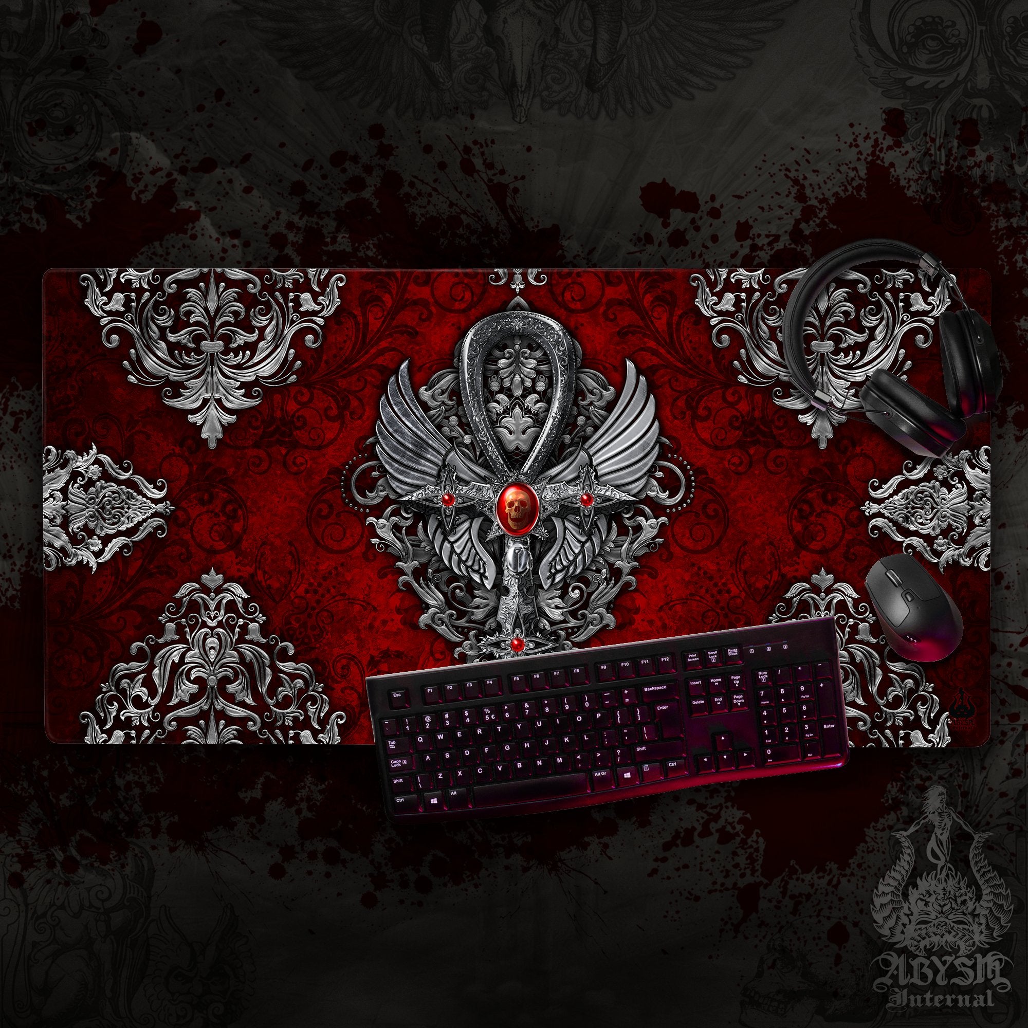 Goth Mouse Pad, Gothic Gaming Desk Mat, Silver Ankh Table Protector Cover, Egyptian Workpad, Dark Art Print – 2 Colors