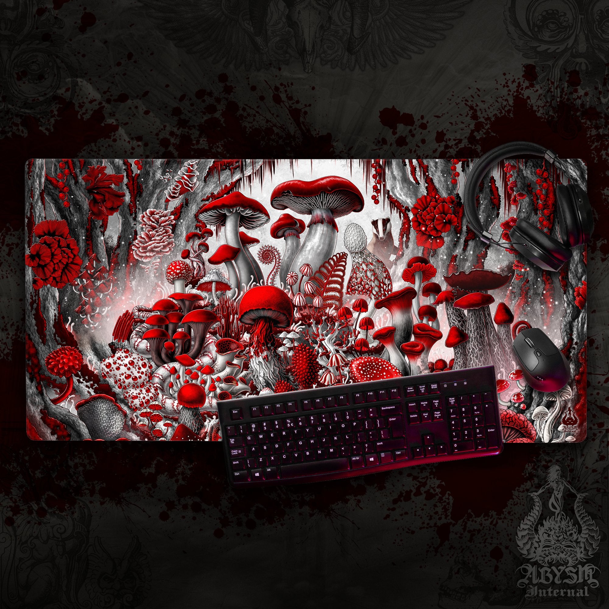 Goth Mushrooms Desk Mat, Magic Shrooms Gaming Mouse Pad, Bloody White and Red Table Protector Cover, Gothic Workpad Goth Mushrooms Desk Mat, Magic Shrooms Gaming Mouse Pad, Bloody White and Red Table Protector Cover, Gothic Workpad