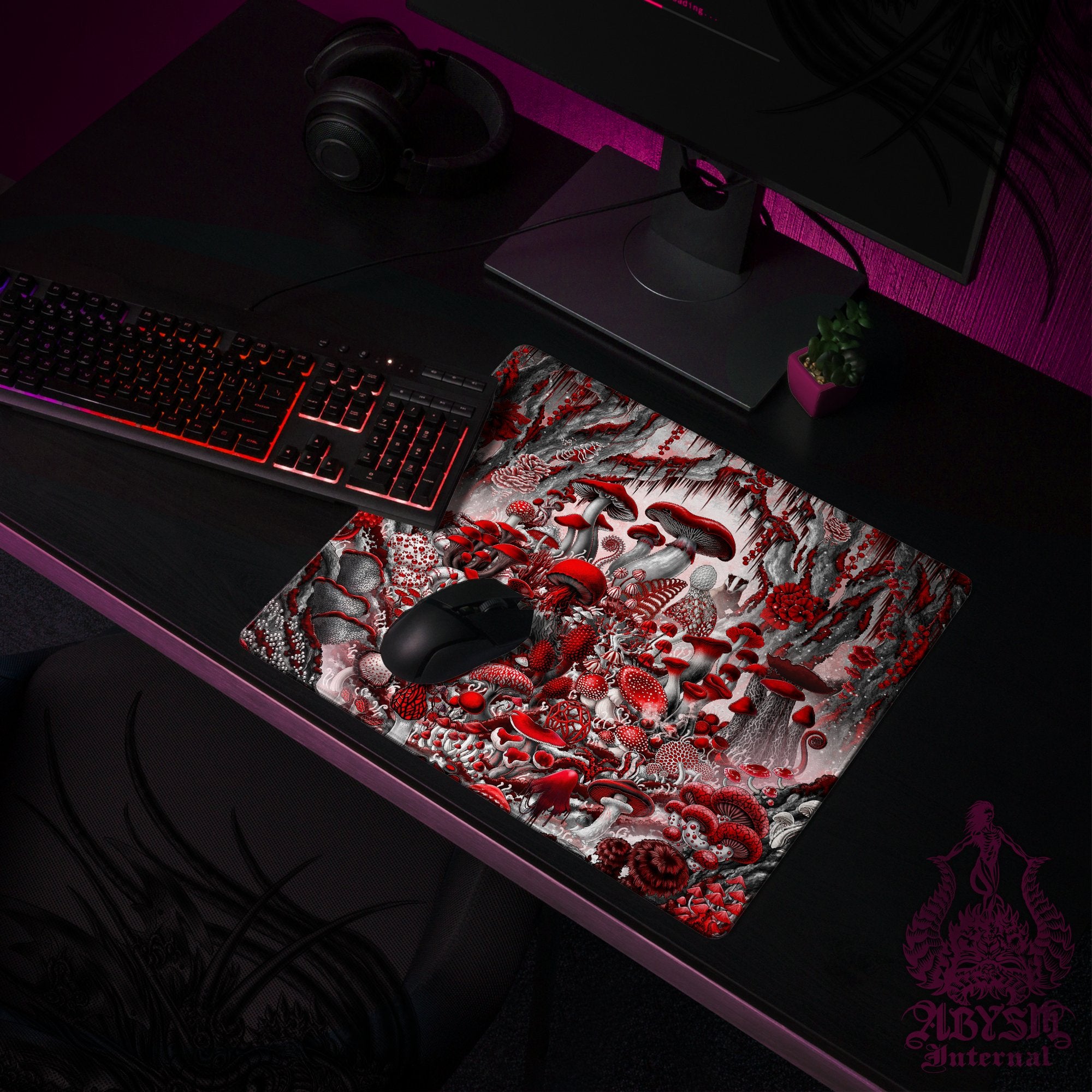 Goth Mushrooms Desk Mat, Magic Shrooms Gaming Mouse Pad, Bloody White and Red Table Protector Cover, Gothic Workpad Goth Mushrooms Desk Mat, Magic Shrooms Gaming Mouse Pad, Bloody White and Red Table Protector Cover, Gothic Workpad
