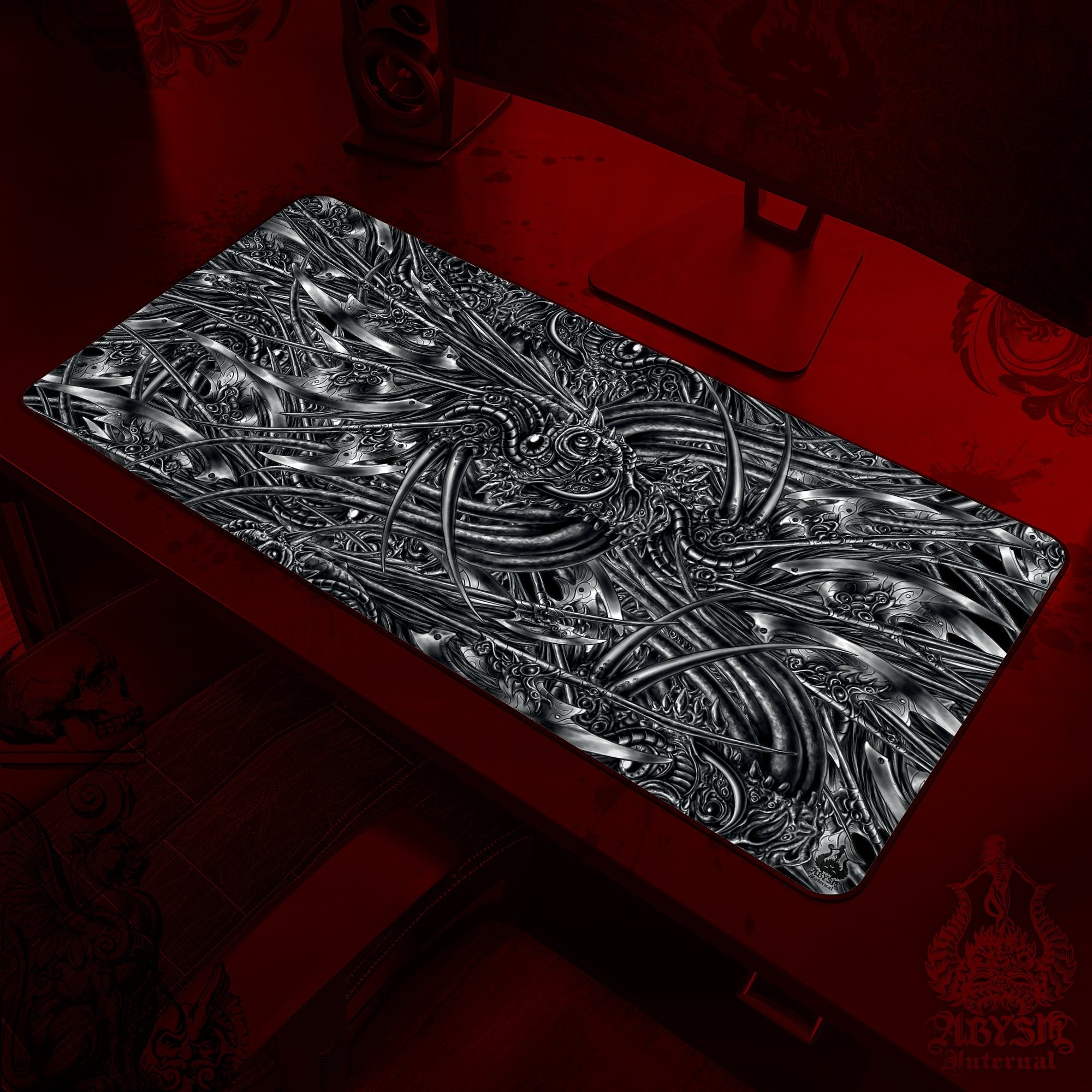 Gothic Art Gaming Desk Mat, Abstract Alien Mouse Pad, Goth Table Protector Cover, Workpad, Dark Fantasy Art Print