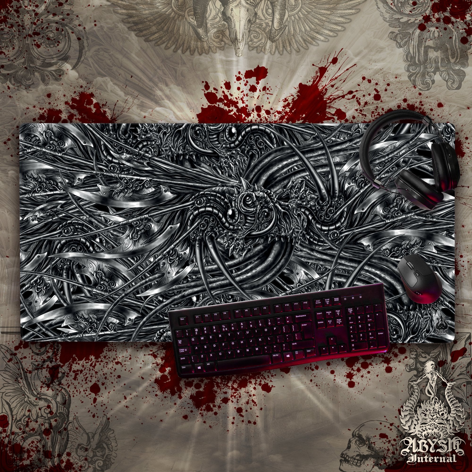 Gothic Art Gaming Desk Mat, Abstract Alien Mouse Pad, Goth Table Protector Cover, Workpad, Dark Fantasy Art Print Gothic Art Gaming Desk Mat, Abstract Alien Mouse Pad, Goth Table Protector Cover, Workpad, Dark Fantasy Art Print