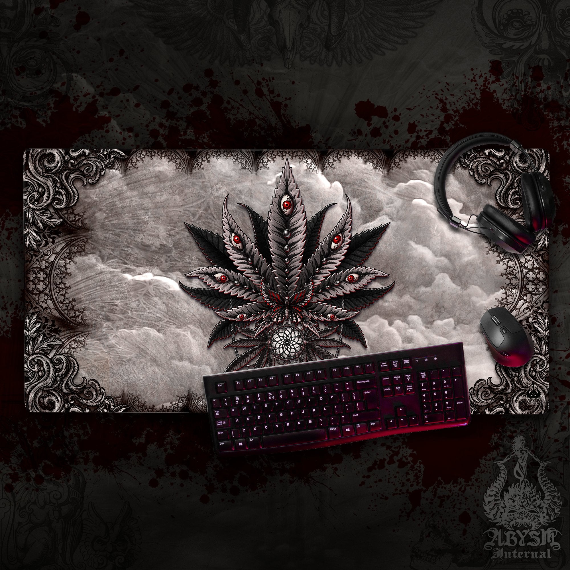 Gothic Desk Mat, Marijuana Gaming Mouse Pad, Cannabis Table Protector Cover, Weed Workpad, Horror 420 Art Print – Beige, Grey, 2 Colors