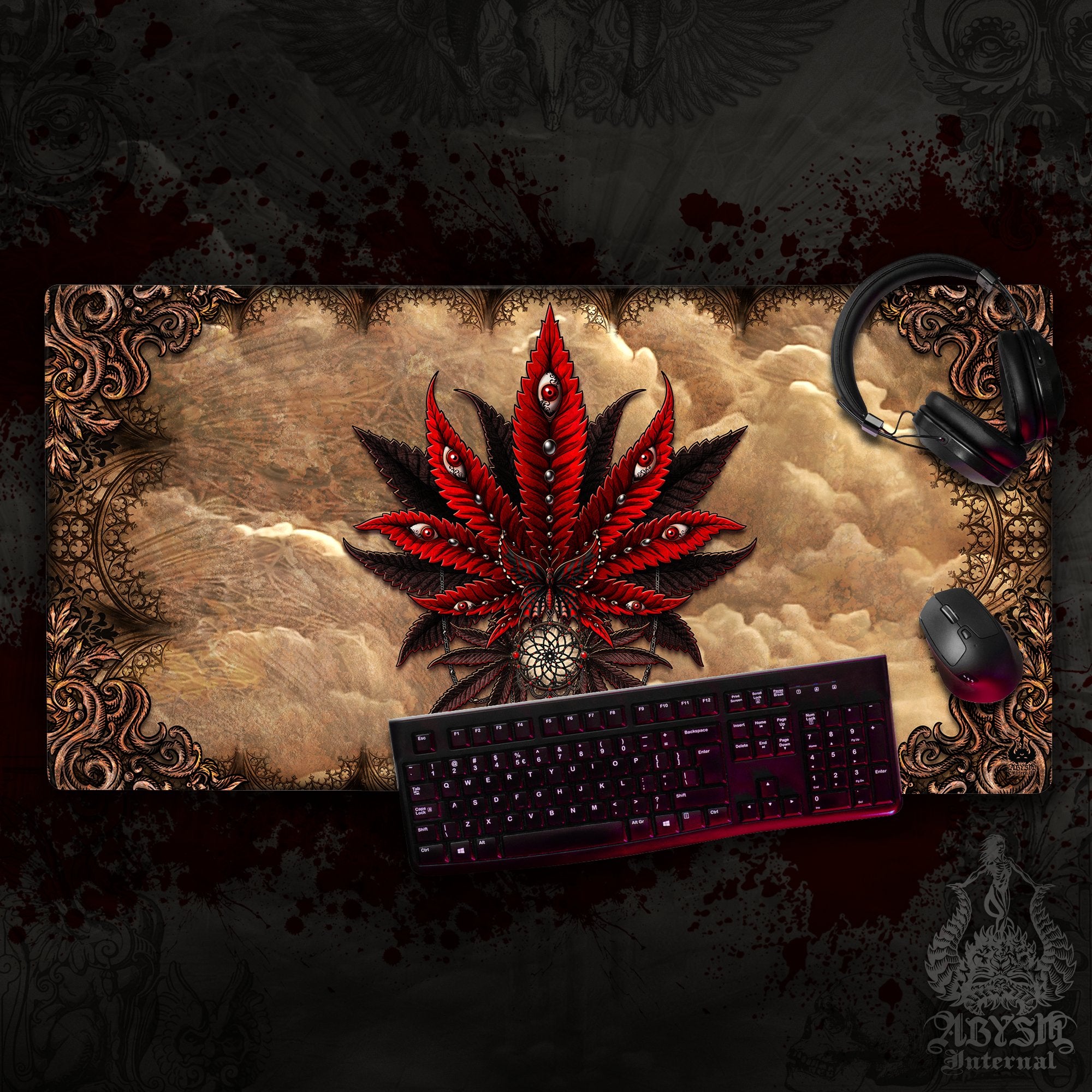 Gothic Desk Mat, Marijuana Gaming Mouse Pad, Cannabis Table Protector Cover, Weed Workpad, Horror 420 Art Print – Beige, Grey, 2 Colors Gothic Desk Mat, Marijuana Gaming Mouse Pad, Cannabis Table Protector Cover, Weed Workpad, Horror 420 Art Print – Beige, Grey, 2 Colors