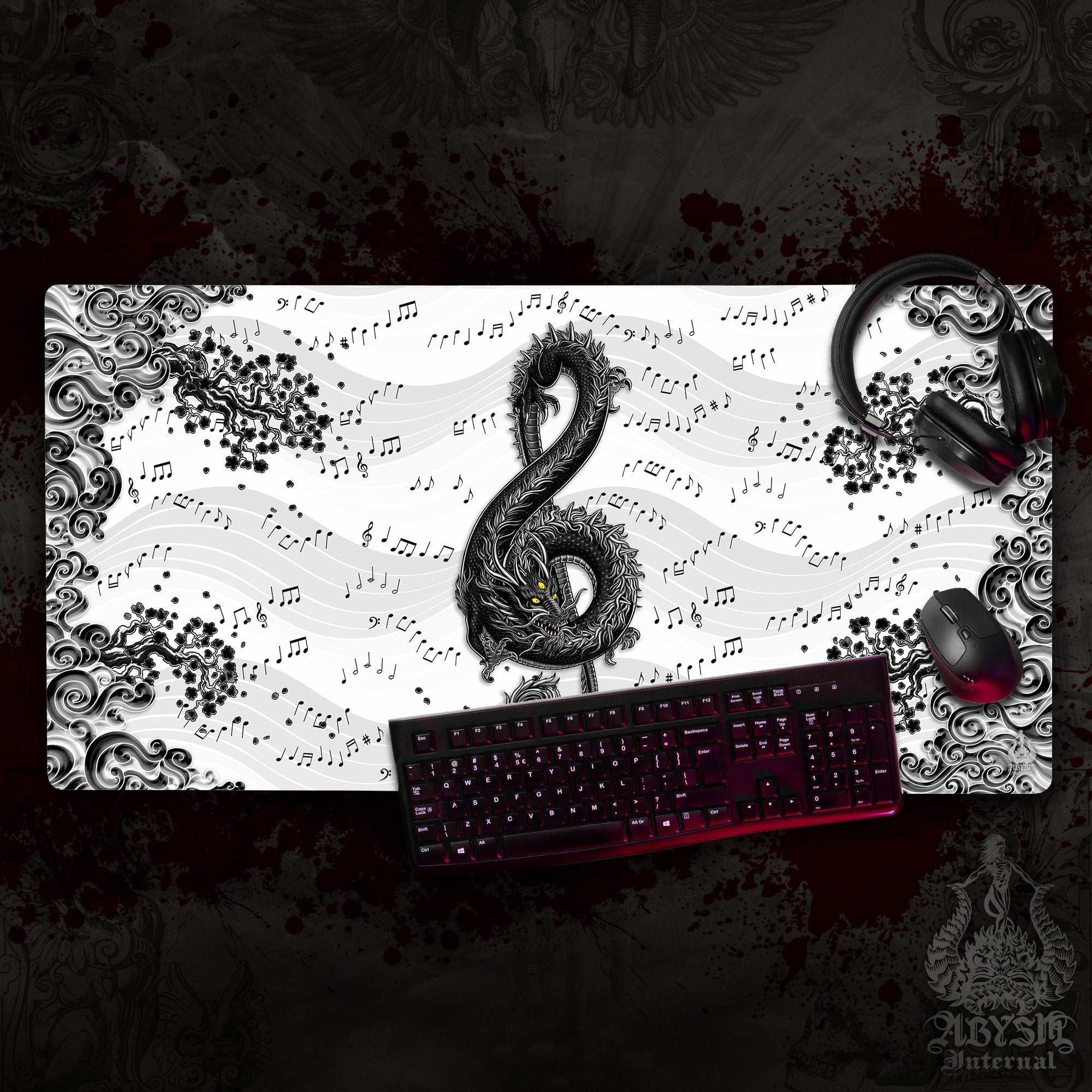 Gothic Dragon Gaming Desk Mat, Music Mouse Pad, White Goth Table Protector Cover, Asian Workpad, Treble Clef Art Print – Black, 2 Options