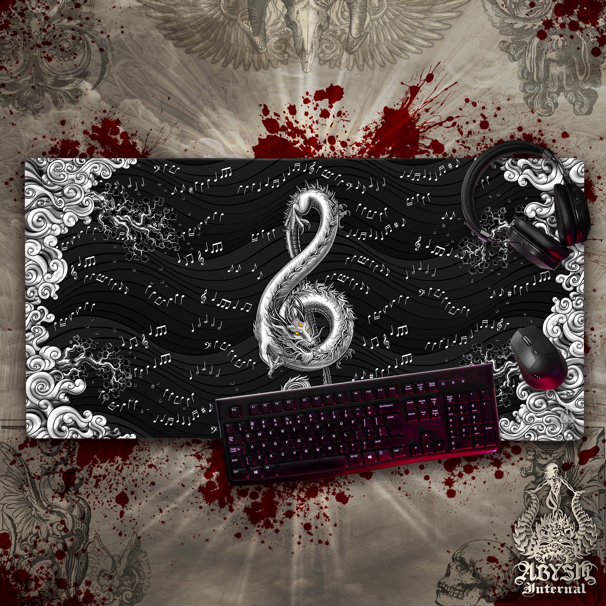 Gothic Dragon Gaming Desk Mat, Music Mouse Pad, White Goth Table Protector Cover, Asian Workpad, Treble Clef Art Print – Black, 2 Options Gothic Dragon Gaming Desk Mat, Music Mouse Pad, White Goth Table Protector Cover, Asian Workpad, Treble Clef Art Print – Black, 2 Options