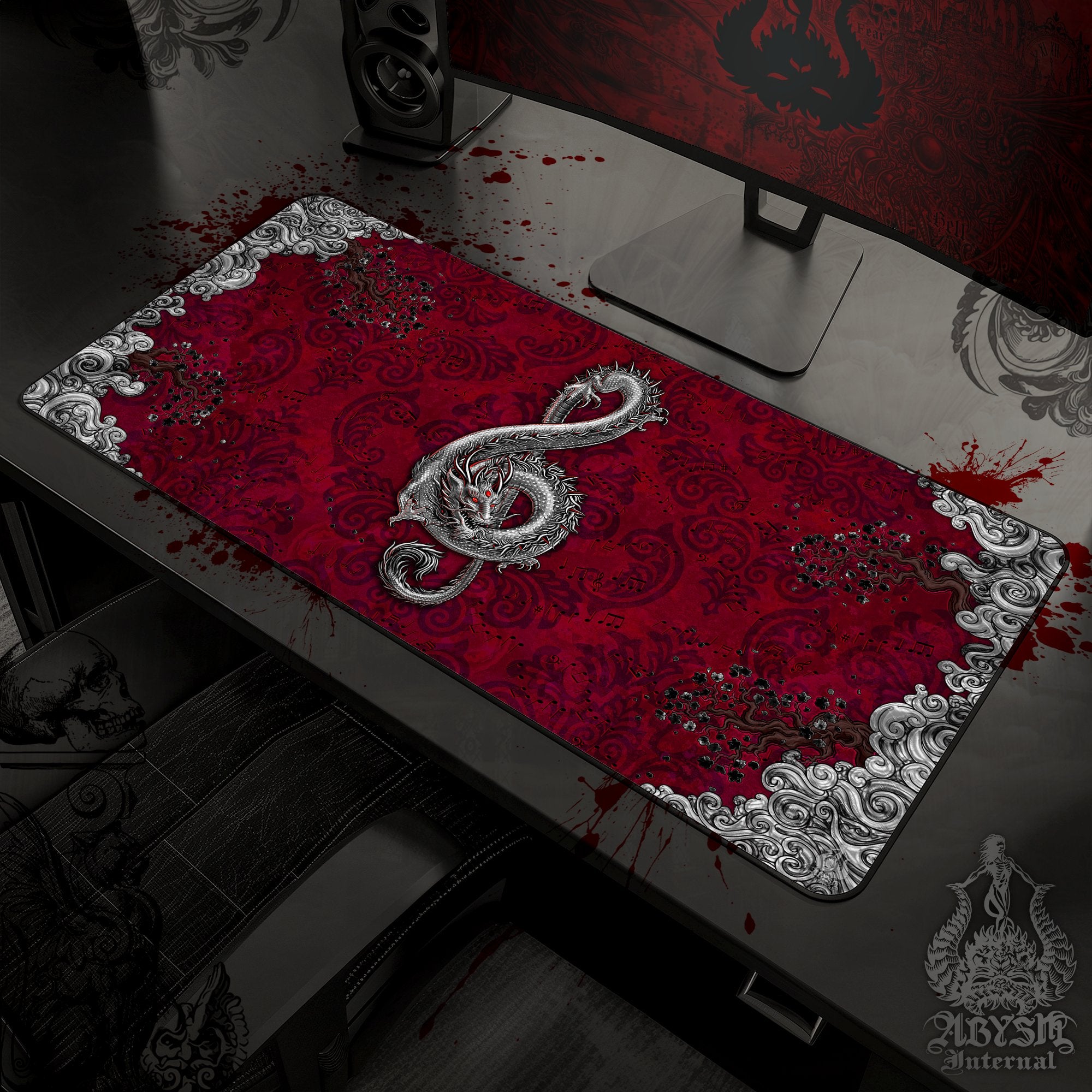 Gothic Dragon Mouse Pad, Music Gaming Desk Mat, Asian Workpad, Goth Fantasy Table Protector Cover, Treble Clef Art Print