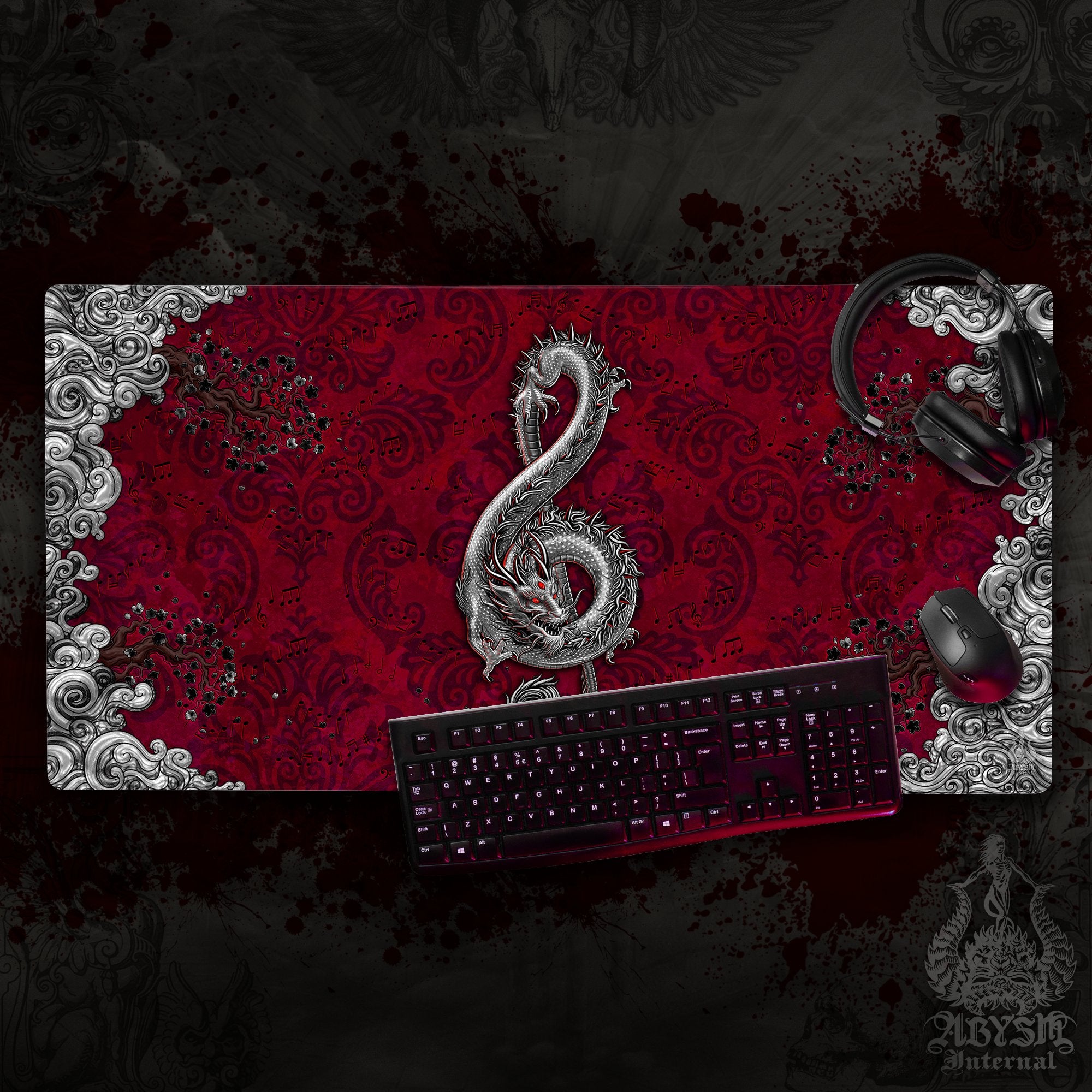 Gothic Dragon Mouse Pad, Music Gaming Desk Mat, Asian Workpad, Goth Fantasy Table Protector Cover, Treble Clef Art Print Gothic Dragon Mouse Pad, Music Gaming Desk Mat, Asian Workpad, Goth Fantasy Table Protector Cover, Treble Clef Art Print
