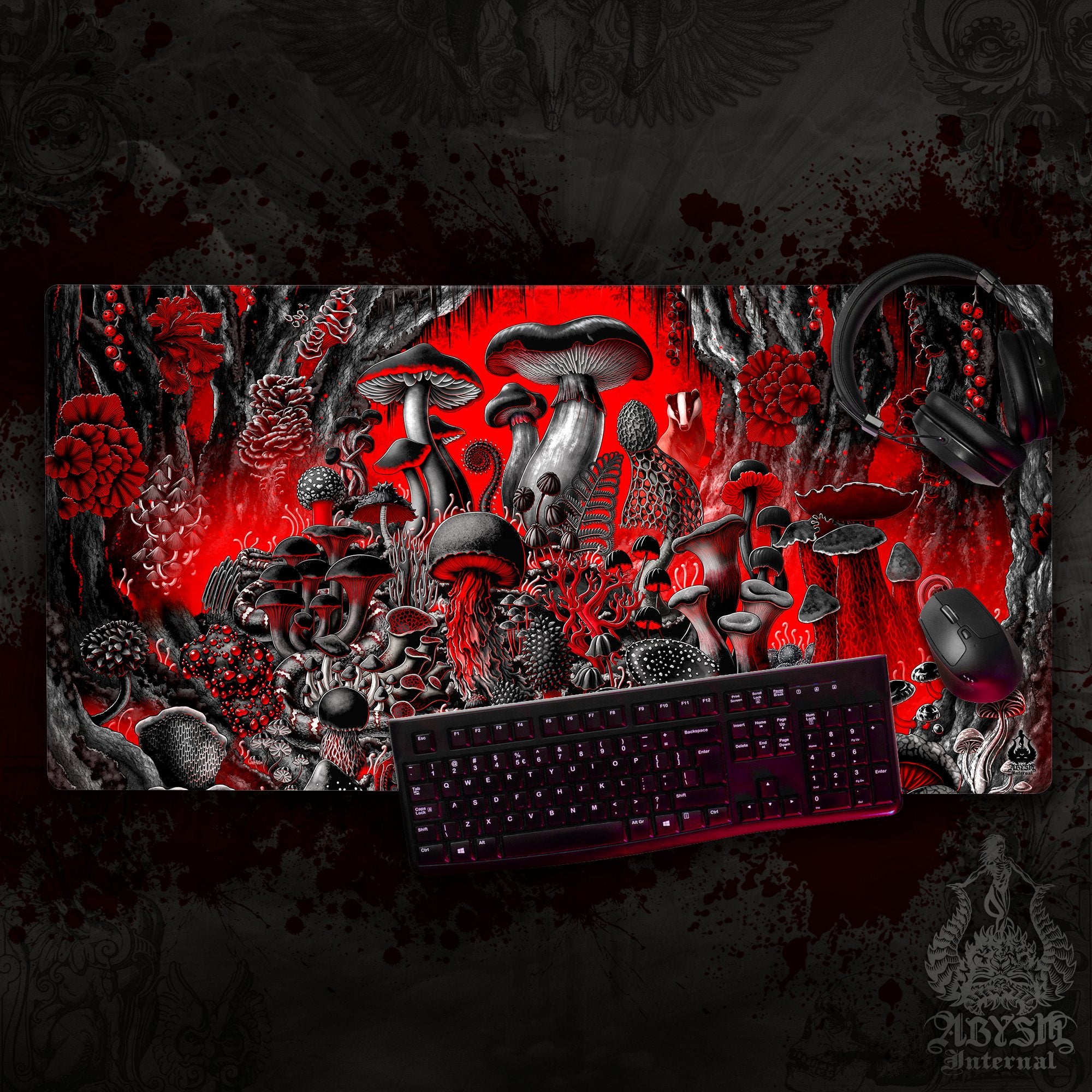 Gothic Gaming Mouse Pad, Bloody Goth Mushrooms Desk Mat, Black and Red Table Protector Cover, Magic Forest Workpad Gothic Gaming Mouse Pad, Bloody Goth Mushrooms Desk Mat, Black and Red Table Protector Cover, Magic Forest Workpad