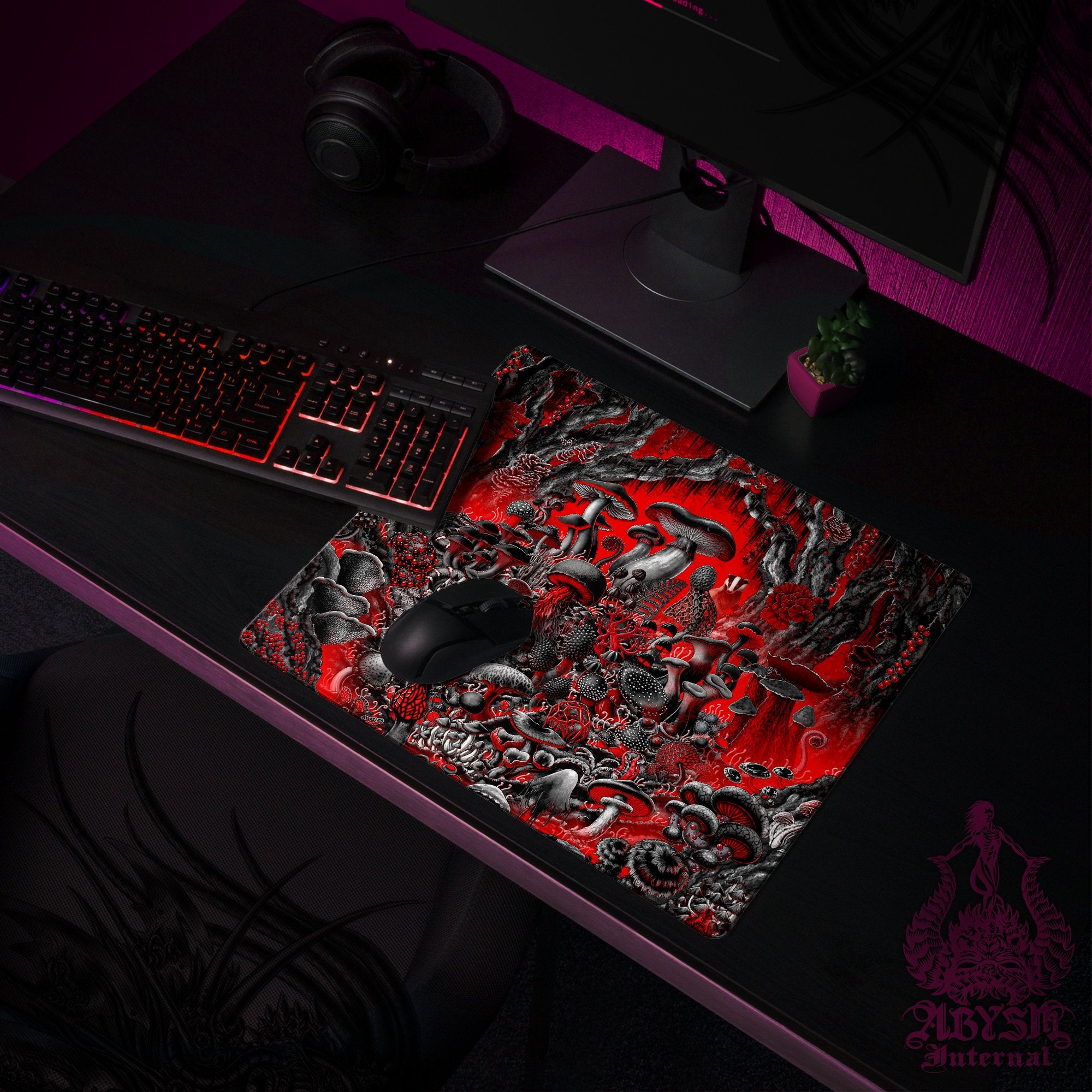 Gothic Gaming Mouse Pad, Bloody Goth Mushrooms Desk Mat, Black and Red Table Protector Cover, Magic Forest Workpad Gothic Gaming Mouse Pad, Bloody Goth Mushrooms Desk Mat, Black and Red Table Protector Cover, Magic Forest Workpad
