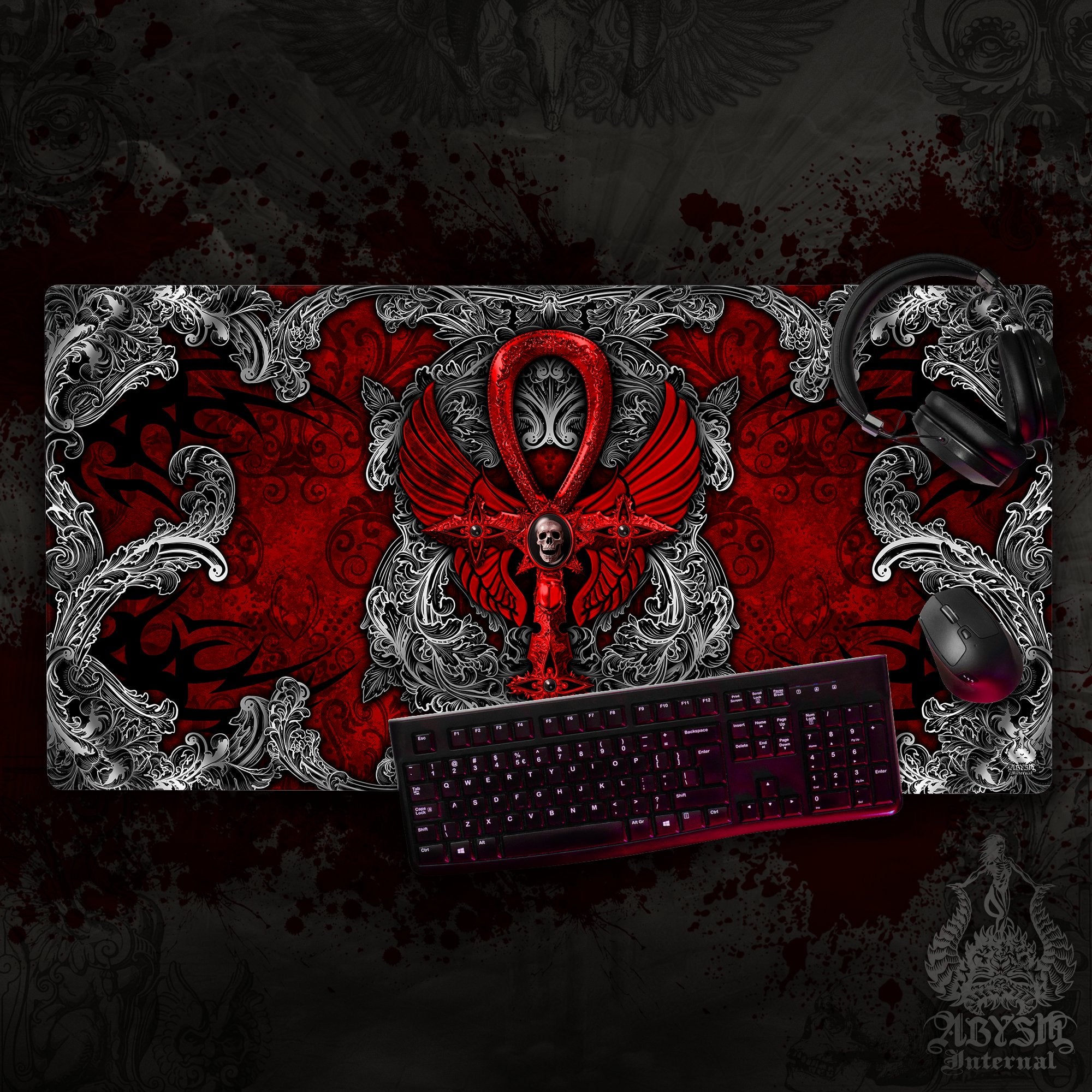 Gothic Gaming Mouse Pad, Goth Desk Mat, Silver Ankh Table Protector Cover, Black and Red Workpad, Dark Art Print – 2 Colors