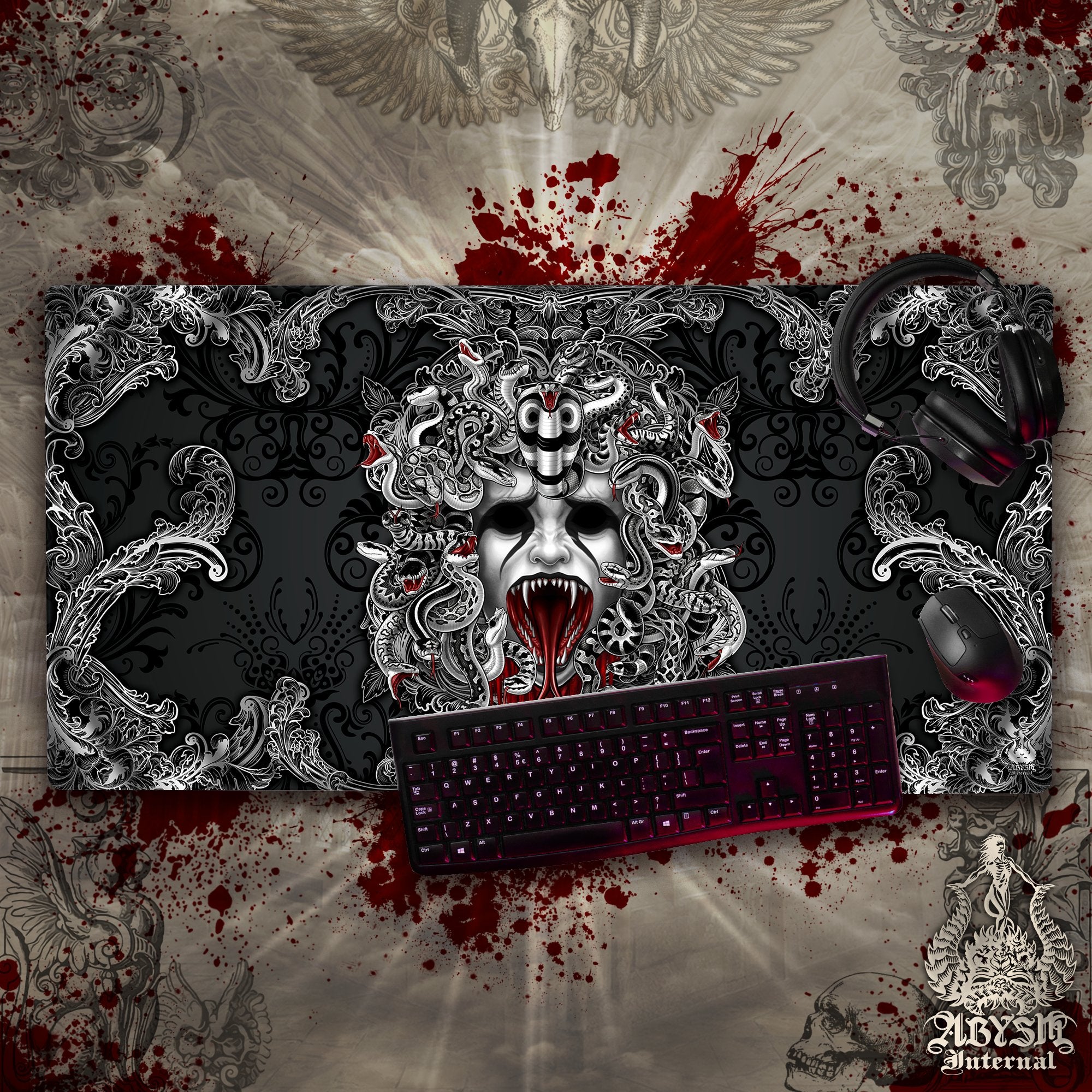 Gothic Gaming Mouse Pad, Medusa Skull Desk Mat, Gamer Table Protector Cover, Nu Goth Workpad, Dark Fantasy Art Print – 3 Colors, 2 Faces