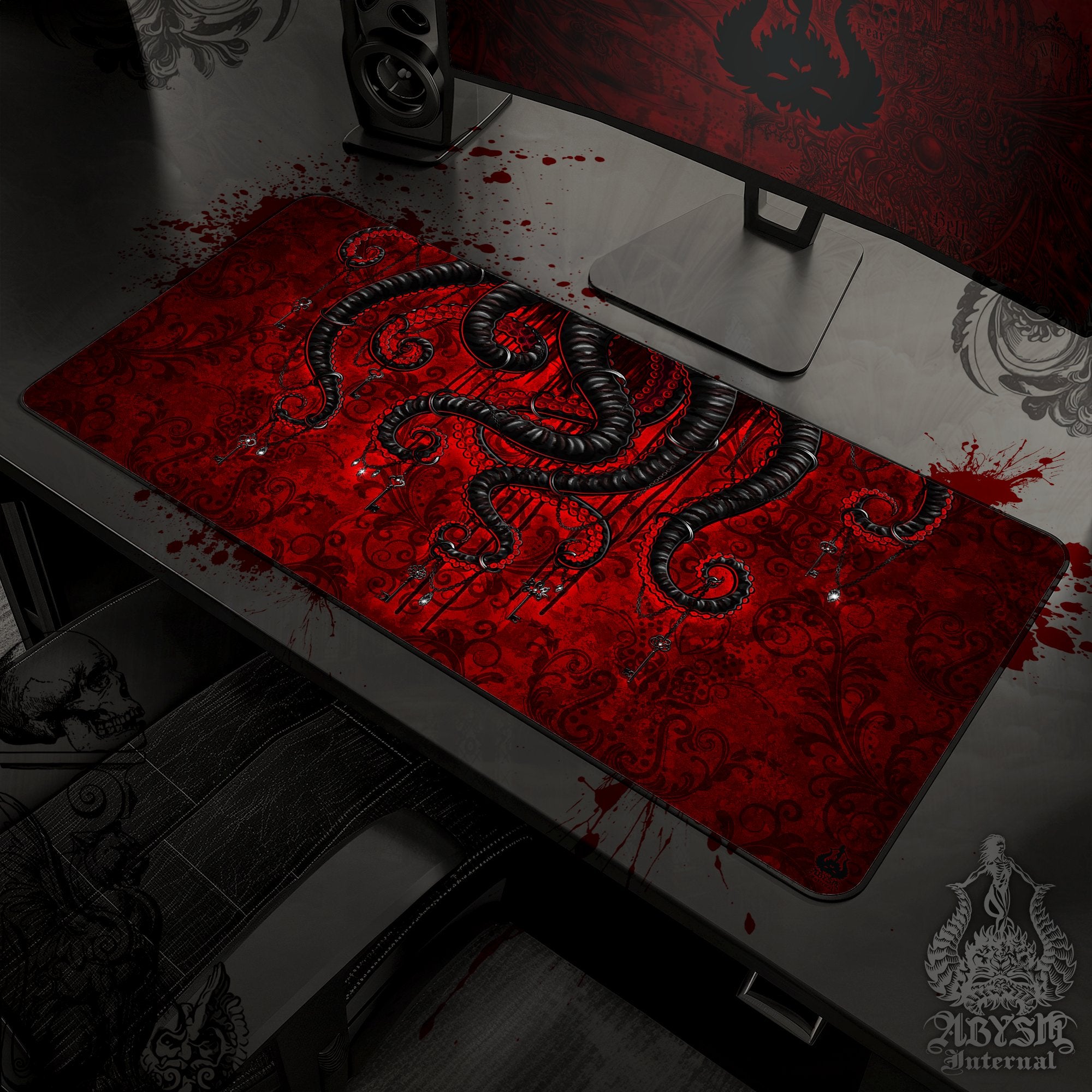 Gothic Gaming Mouse Pad, Octopus Desk Mat, Bloody Goth Table Protector Cover, Black Tentacles Workpad, Fantasy Art Print – Red