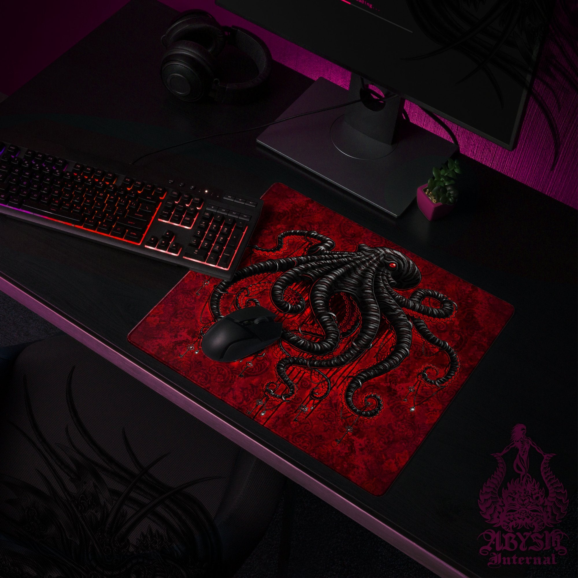 Gothic Gaming Mouse Pad, Octopus Desk Mat, Bloody Goth Table Protector Cover, Black Tentacles Workpad, Fantasy Art Print – Red Gothic Gaming Mouse Pad, Octopus Desk Mat, Bloody Goth Table Protector Cover, Black Tentacles Workpad, Fantasy Art Print – Red