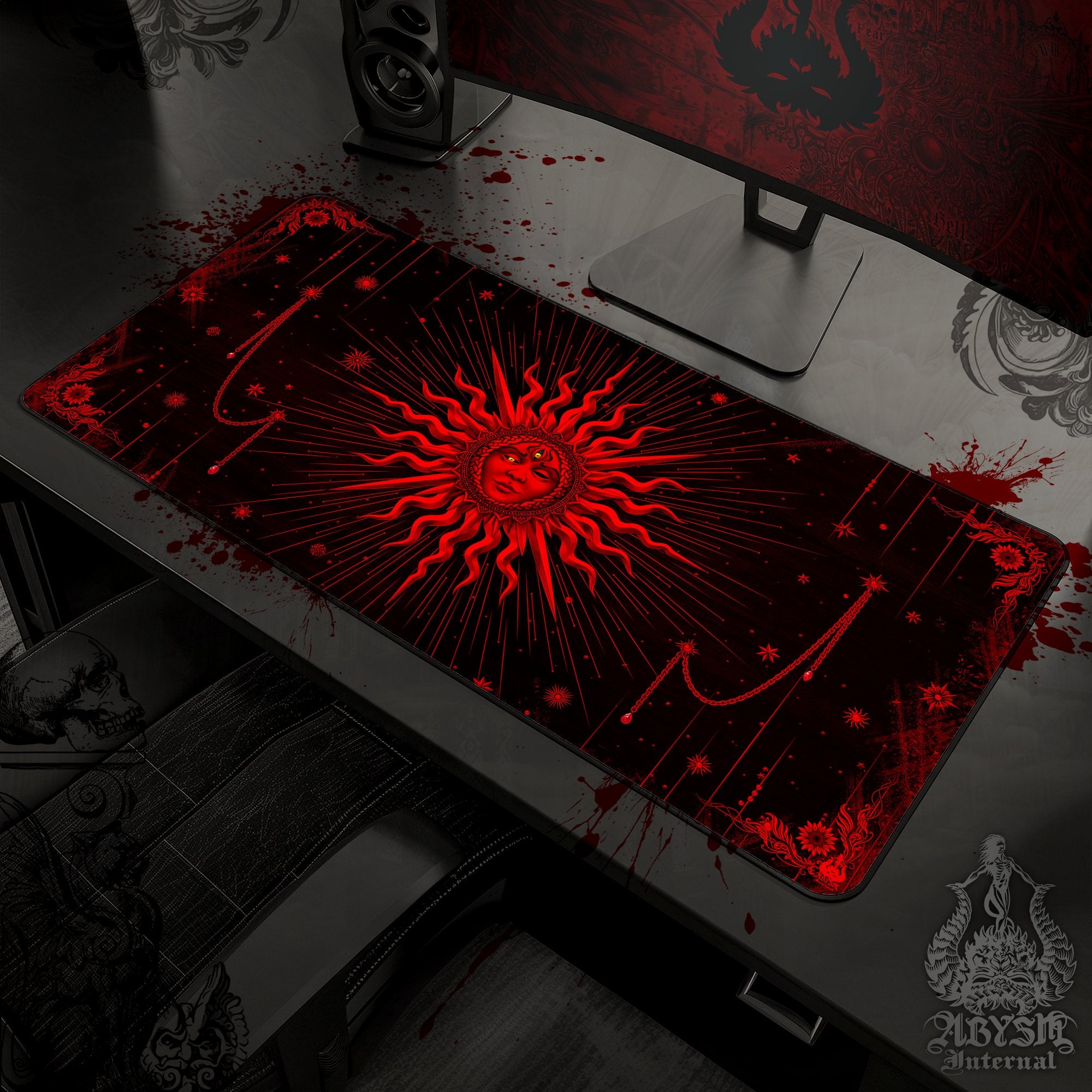 Gothic Gaming Mouse Pad, Red Sun Desk Mat, Goth Tarot Arcana Table Protector Cover, Witchy Workpad, Esoteric Art Print – Black