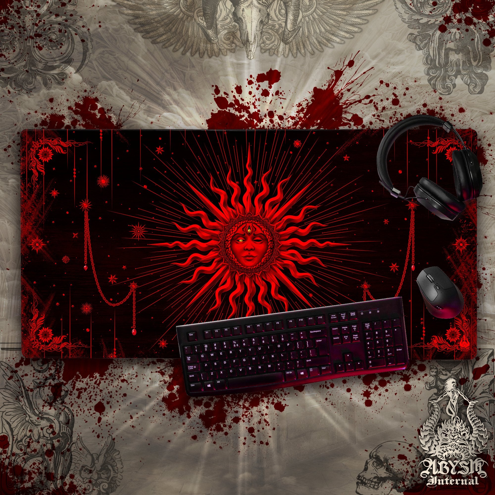 Gothic Gaming Mouse Pad, Red Sun Desk Mat, Goth Tarot Arcana Table Protector Cover, Witchy Workpad, Esoteric Art Print – Black Gothic Gaming Mouse Pad, Red Sun Desk Mat, Goth Tarot Arcana Table Protector Cover, Witchy Workpad, Esoteric Art Print – Black