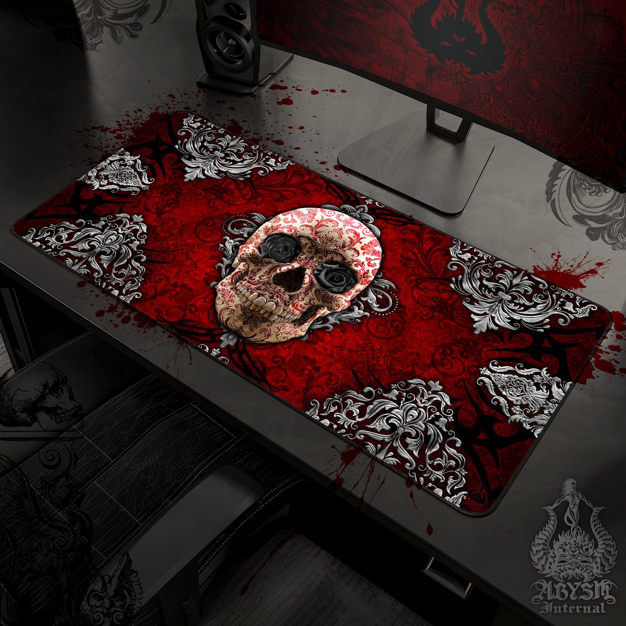 Gothic Gaming Mouse Pad, Skull Desk Mat, Black Roses Table Protector Cover, Goth Workpad, Art Print