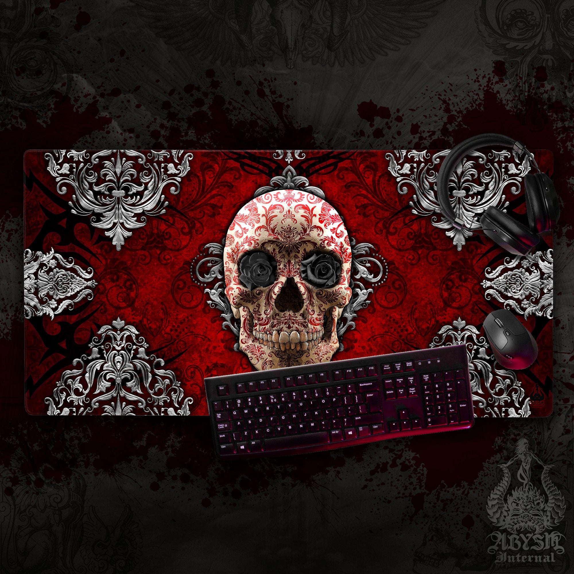Gothic Gaming Mouse Pad, Skull Desk Mat, Black Roses Table Protector Cover, Goth Workpad, Art Print Gothic Gaming Mouse Pad, Skull Desk Mat, Black Roses Table Protector Cover, Goth Workpad, Art Print