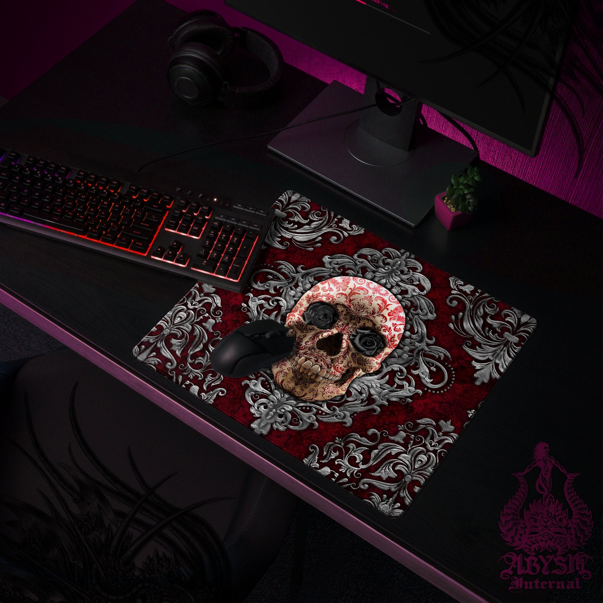 Gothic Gaming Mouse Pad, Skull Desk Mat, Black Roses Table Protector Cover, Goth Workpad, Art Print Gothic Gaming Mouse Pad, Skull Desk Mat, Black Roses Table Protector Cover, Goth Workpad, Art Print