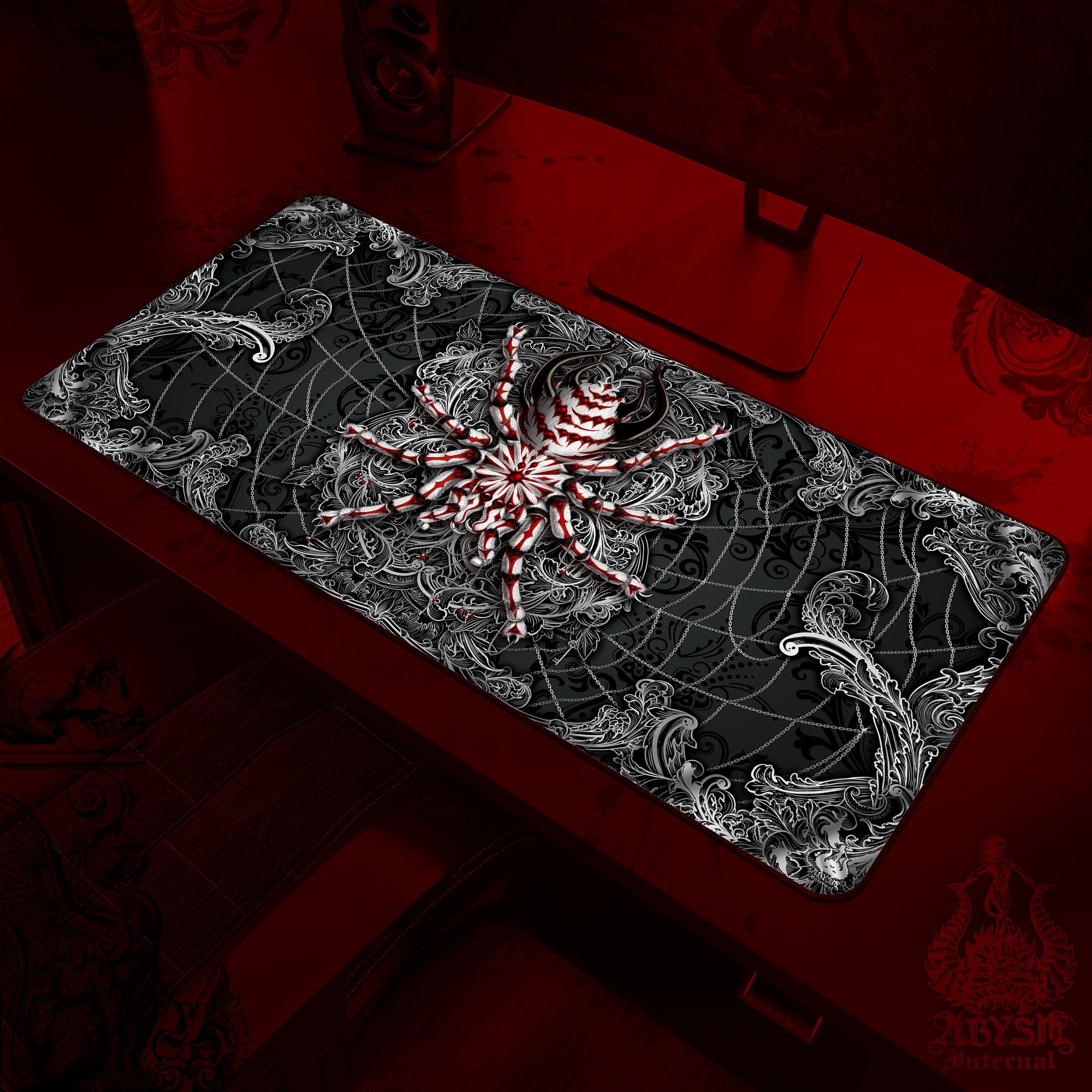 Gothic Gaming Mouse Pad, Spider Desk Mat, Goth Gamer Table Protector Cover, Halloween Workpad, Dark Tarantula Art Print