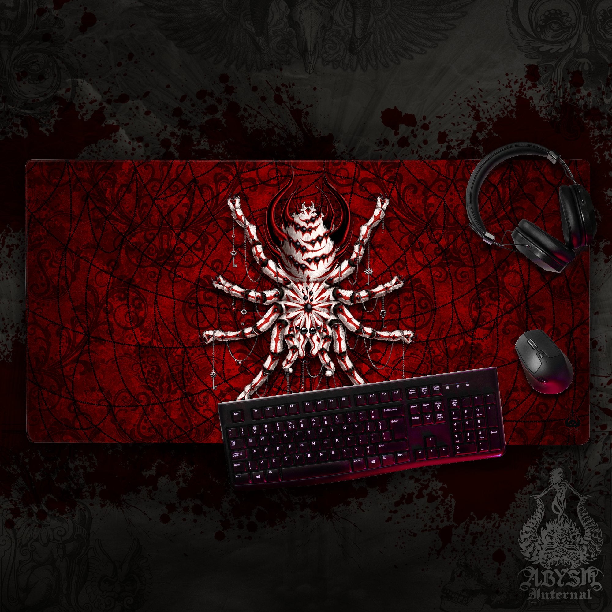 Gothic Gaming Mouse Pad, Spider Desk Mat, Tarantula Table Protector Cover, Halloween Workpad, Bloody Goth Art Print – 2 Colors