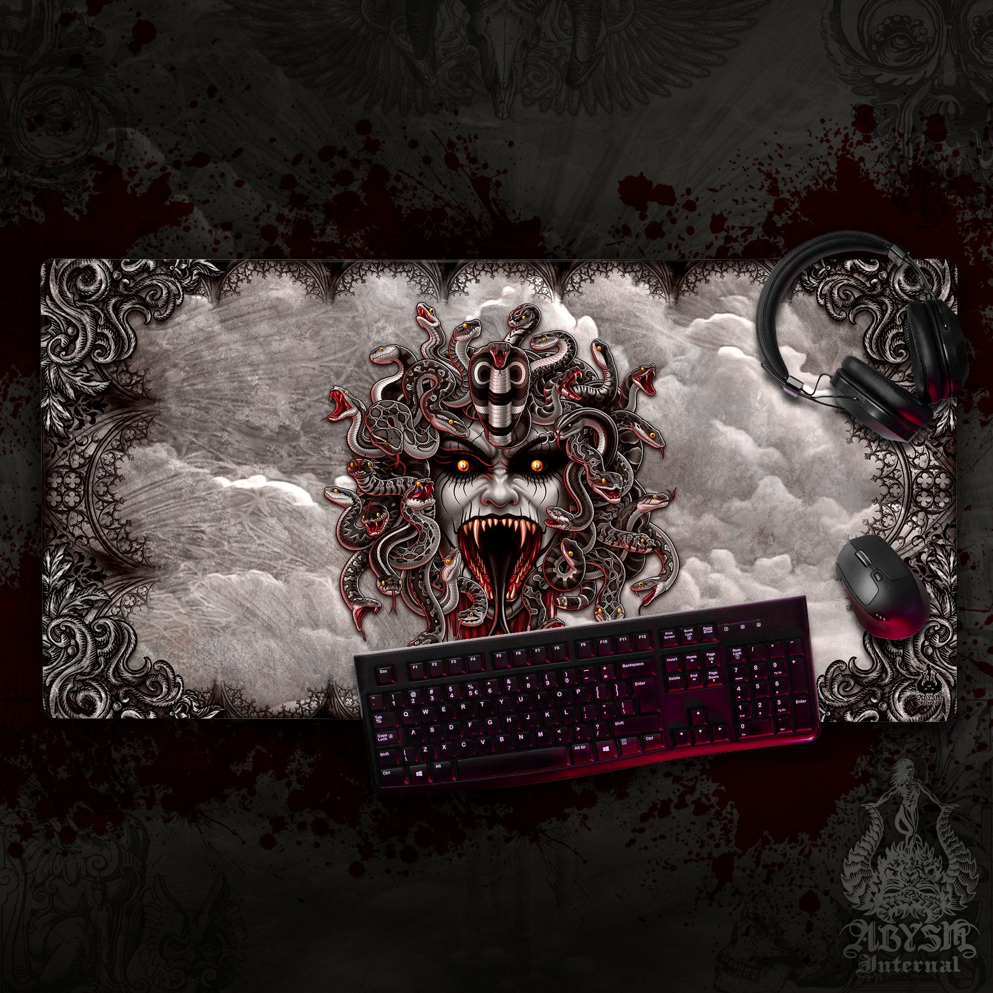 Gothic Horror Gaming Desk Mat, Medusa Mouse Pad, Skull Table Protector Cover, Goth Workpad, Dark Fantasy Art Print – Grey, 4 Face Options