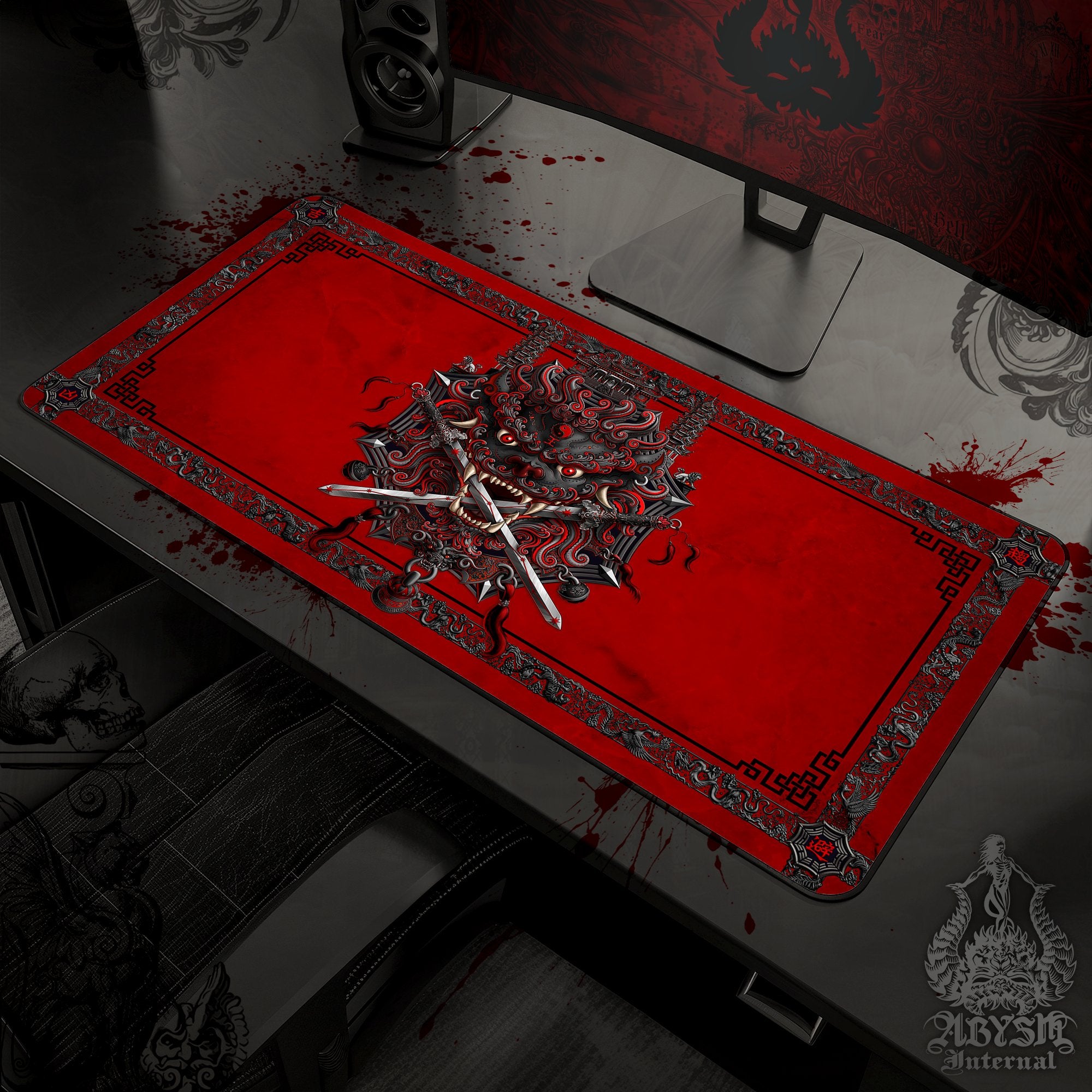 Gothic Lion Desk Mat, Asian Gaming Mouse Pad, Taiwan Table Protector Cover, Chinese Workpad, Fantasy Art Print – Bloody Red and Black