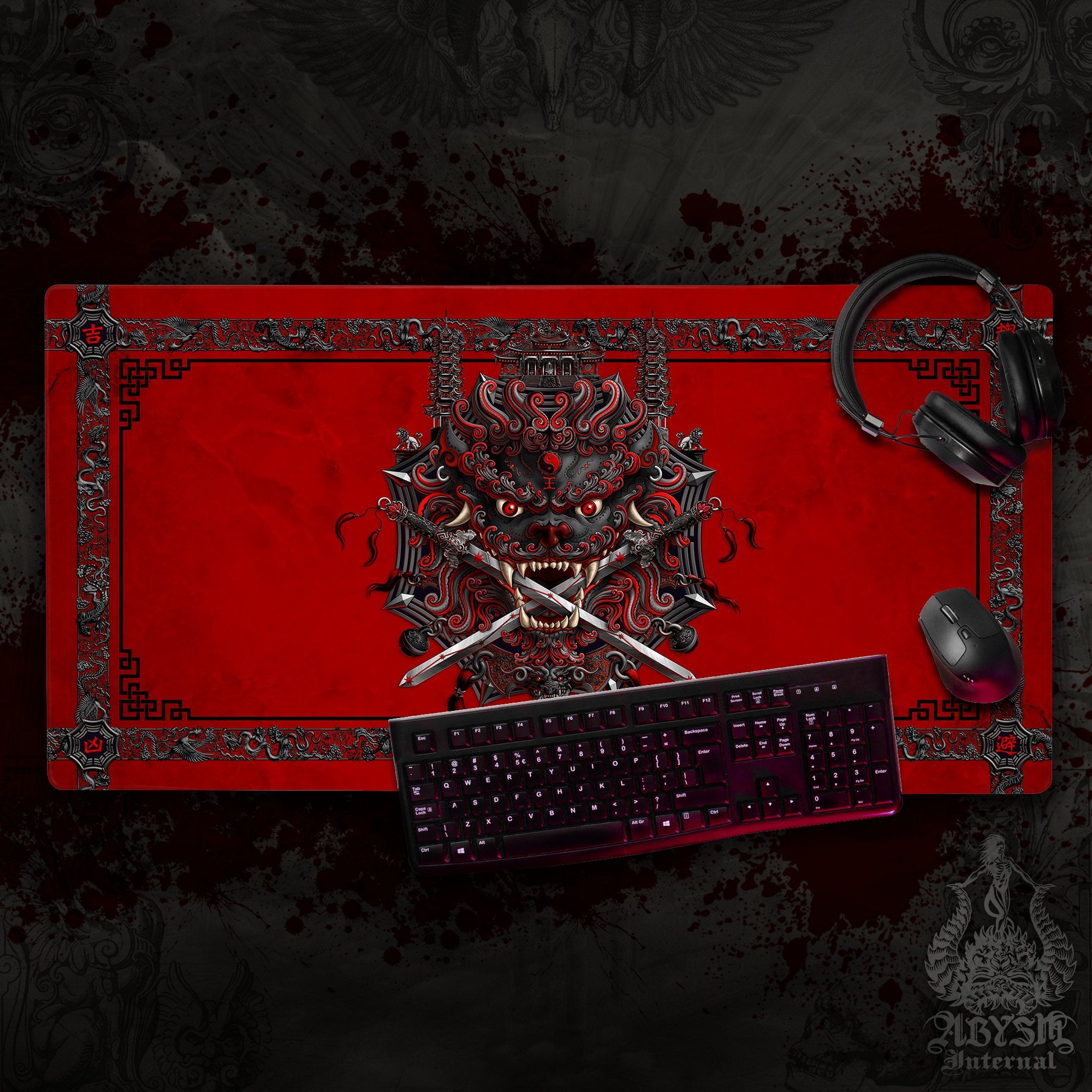 Gothic Lion Desk Mat, Asian Gaming Mouse Pad, Taiwan Table Protector Cover, Chinese Workpad, Fantasy Art Print – Bloody Red and Black Gothic Lion Desk Mat, Asian Gaming Mouse Pad, Taiwan Table Protector Cover, Chinese Workpad, Fantasy Art Print – Bloody Red and Black