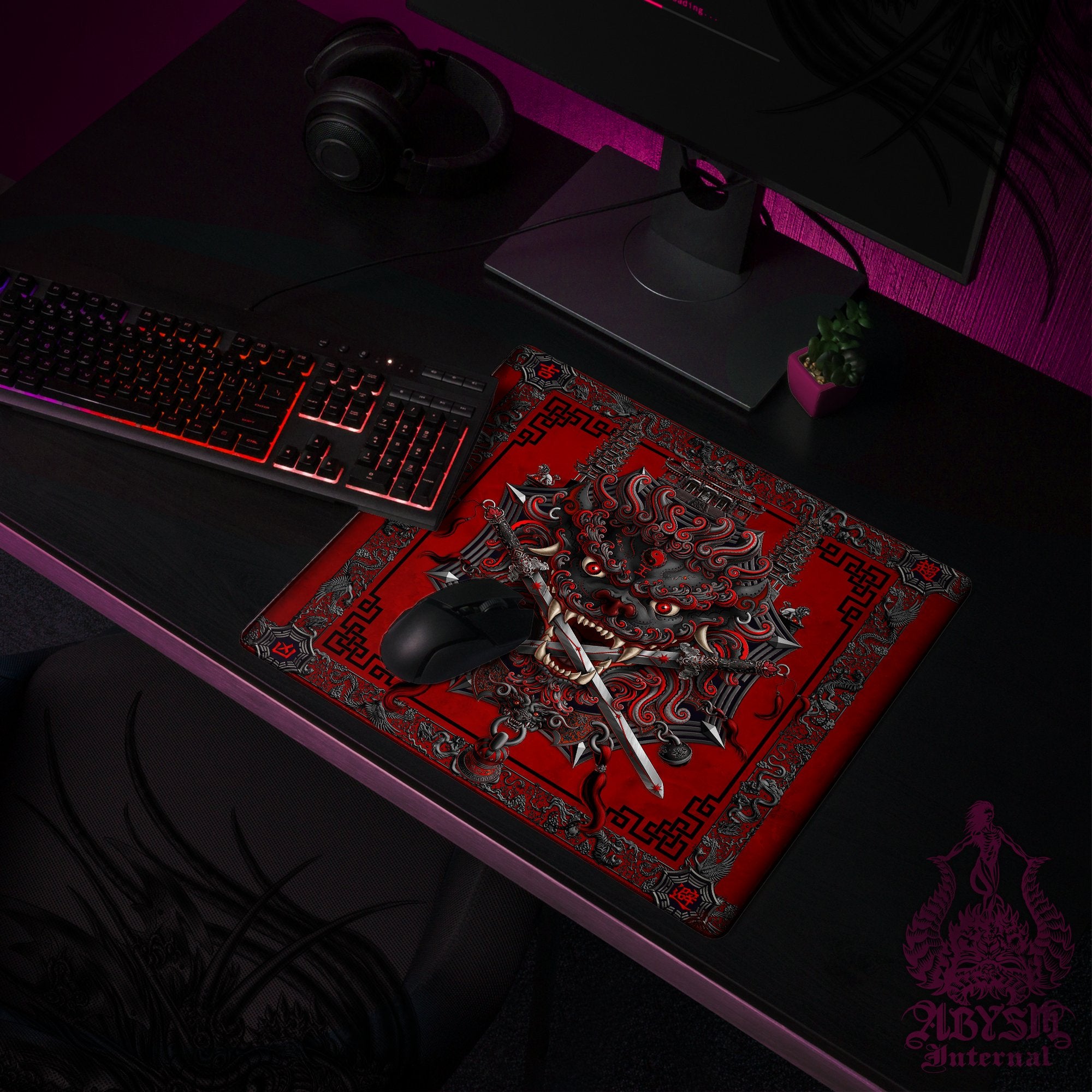 Gothic Lion Desk Mat, Asian Gaming Mouse Pad, Taiwan Table Protector Cover, Chinese Workpad, Fantasy Art Print – Bloody Red and Black Gothic Lion Desk Mat, Asian Gaming Mouse Pad, Taiwan Table Protector Cover, Chinese Workpad, Fantasy Art Print – Bloody Red and Black
