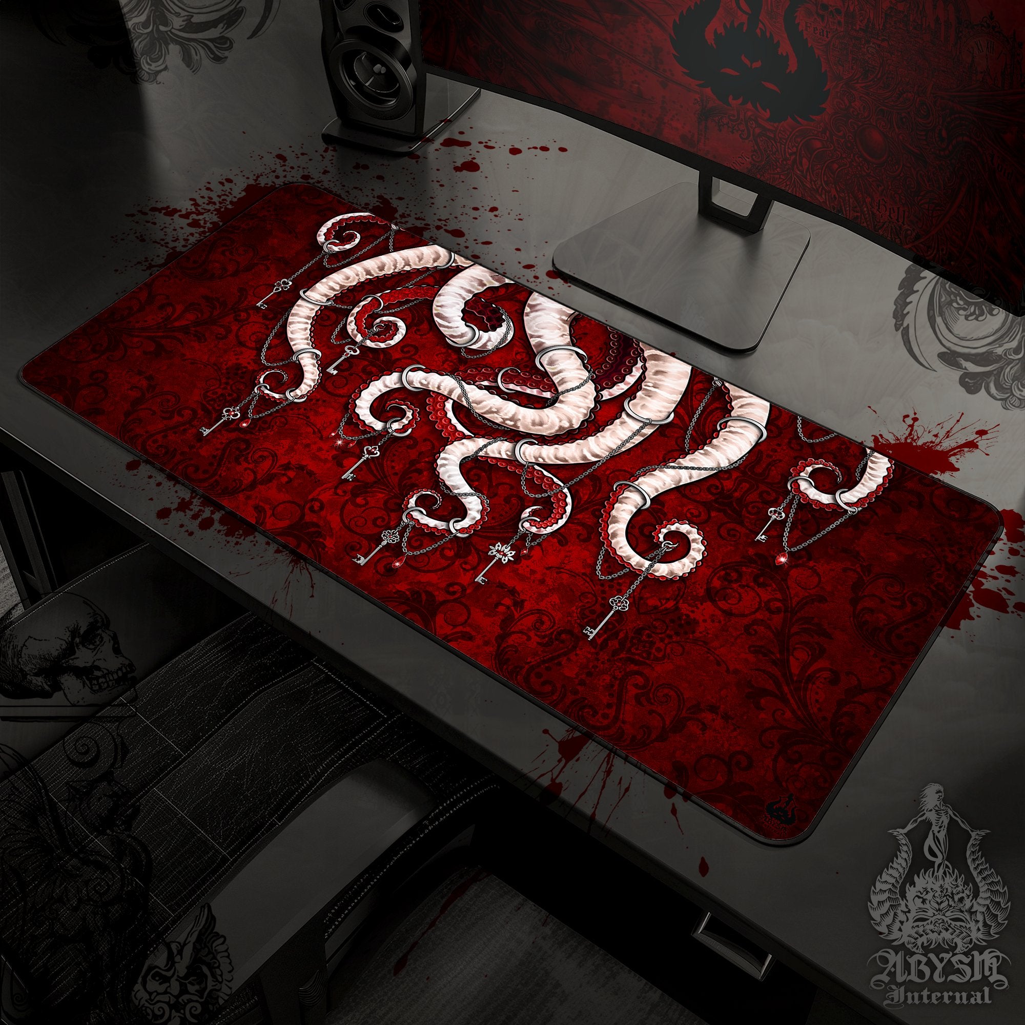 Gothic Mouse Pad, Octopus Gaming Desk Mat, White Tentacles Workpad, Bloody Goth Table Protector Cover, Fantasy Art Print – Red