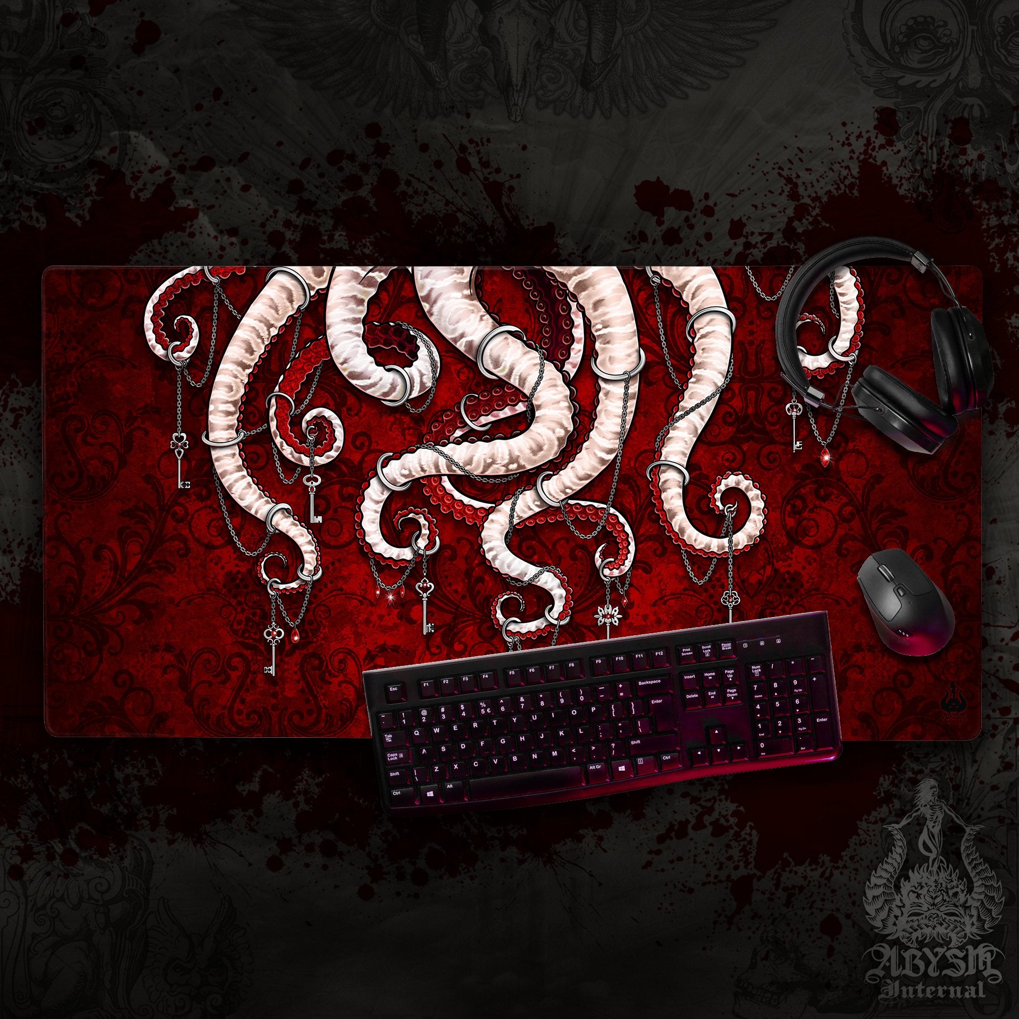 Gothic Mouse Pad, Octopus Gaming Desk Mat, White Tentacles Workpad, Bloody Goth Table Protector Cover, Fantasy Art Print – Red Gothic Mouse Pad, Octopus Gaming Desk Mat, White Tentacles Workpad, Bloody Goth Table Protector Cover, Fantasy Art Print – Red