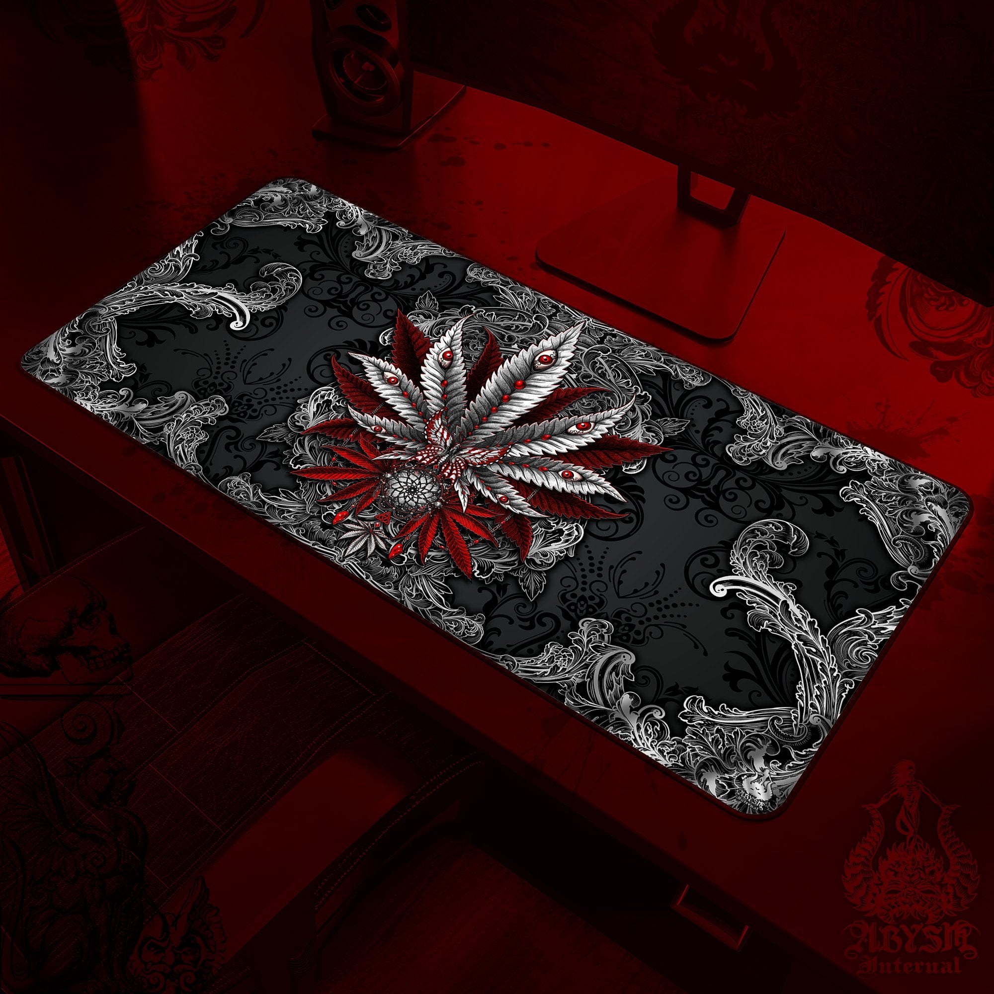 Gothic Weed Desk Mat, Cannabis Gaming Mouse Pad, 420 Table Protector Cover, Marijuana Workpad, Dark Art Print