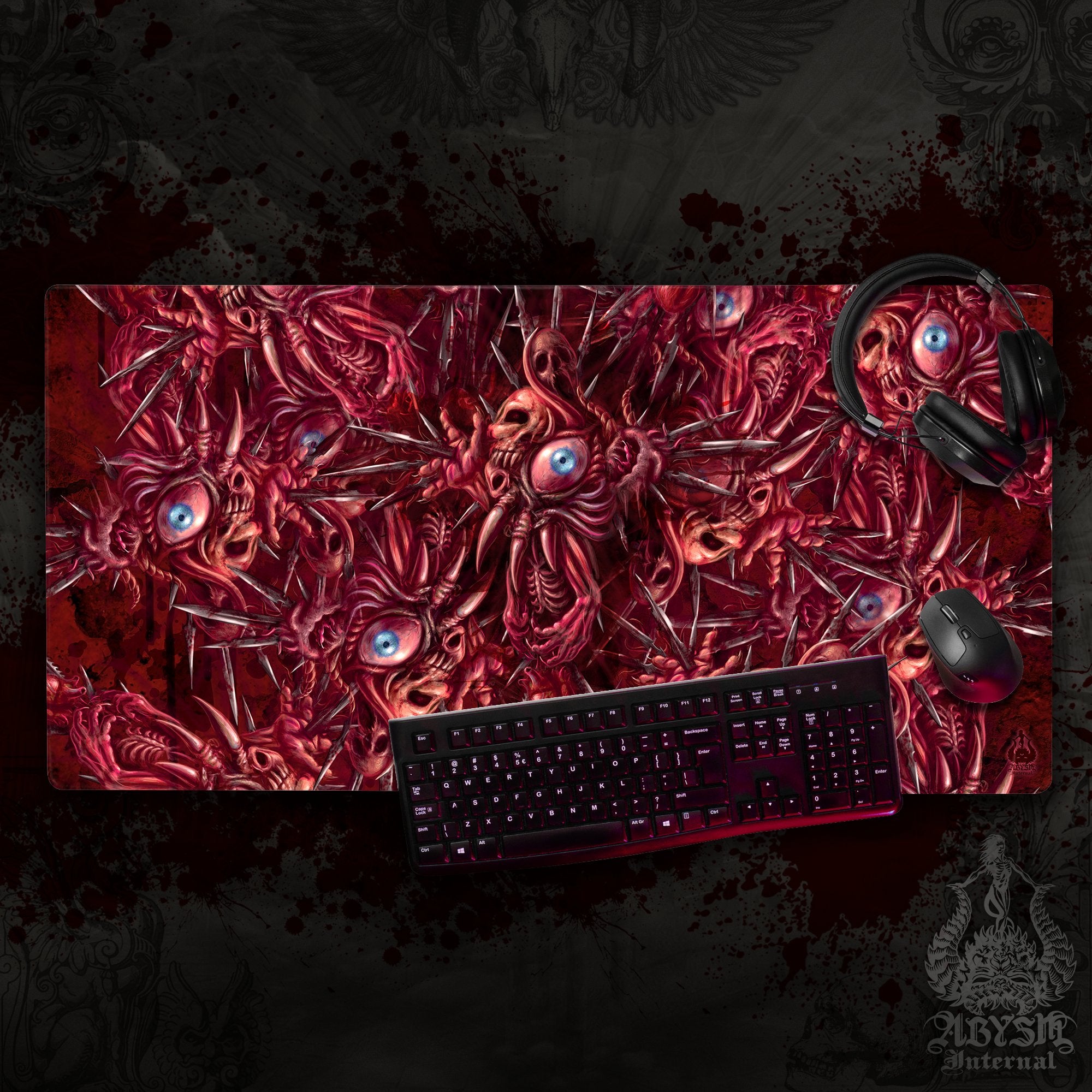 Halloween Desk Mat, Horror Gaming Mouse Pad, Eyeballs Table Protector Cover, Gore and Blood Cross Workpad, Scary Dark Fantasy Art Print