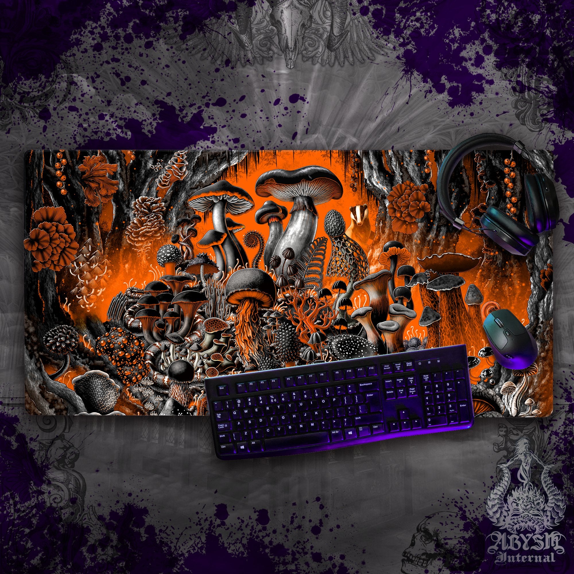 Halloween Desk Mat, Mushrooms Gaming Mouse Pad, Orange Table Protector Cover, Magic Shrooms Workpad