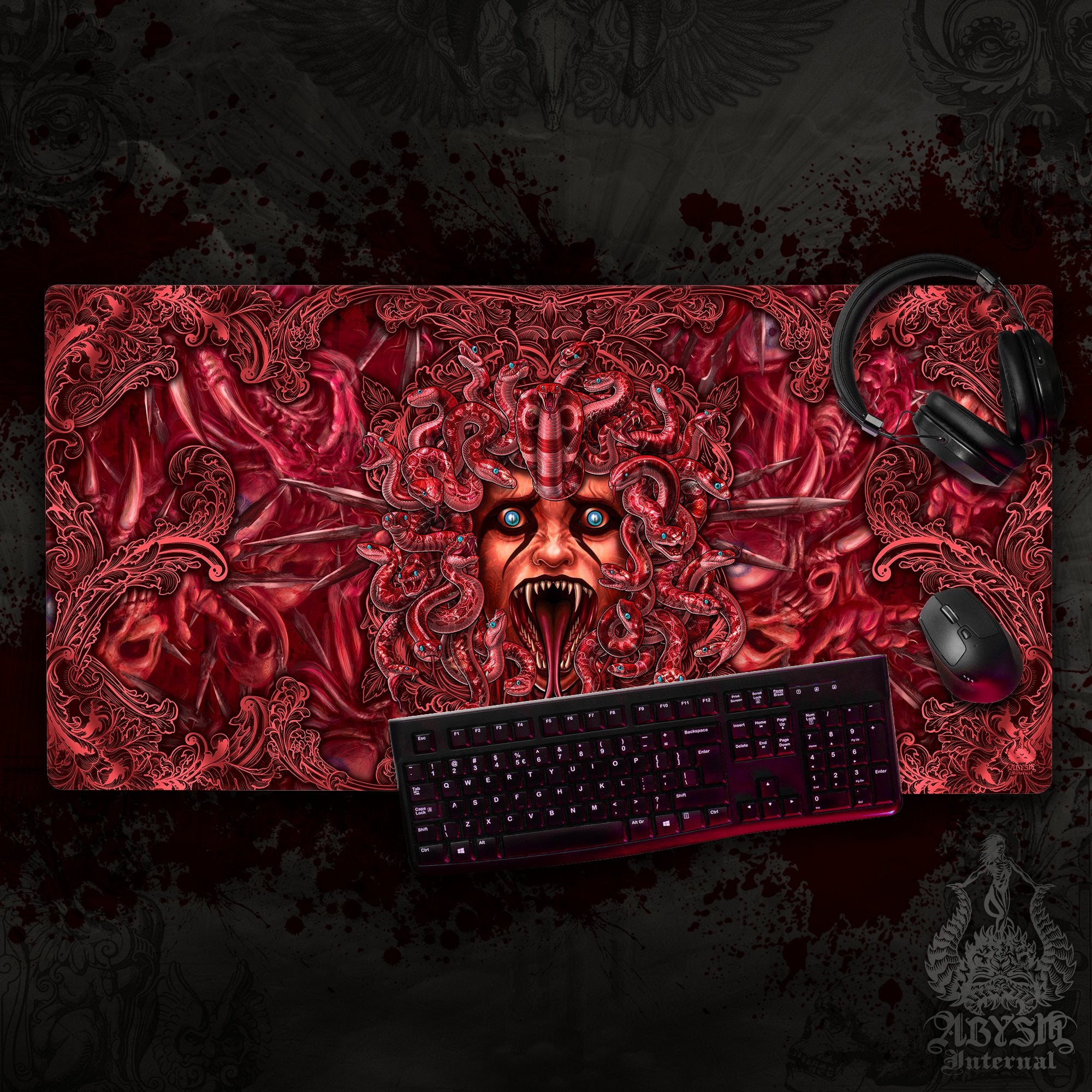 Halloween Gaming Mouse Pad, Horror Desk Mat, Gore and Blood Table Protector Cover, Demon Medusa Workpad, Dark Fantasy Art Print – 3 Face Options Halloween Gaming Mouse Pad, Horror Desk Mat, Gore and Blood Table Protector Cover, Demon Medusa Workpad, Dark Fantasy Art Print – 3 Face Options