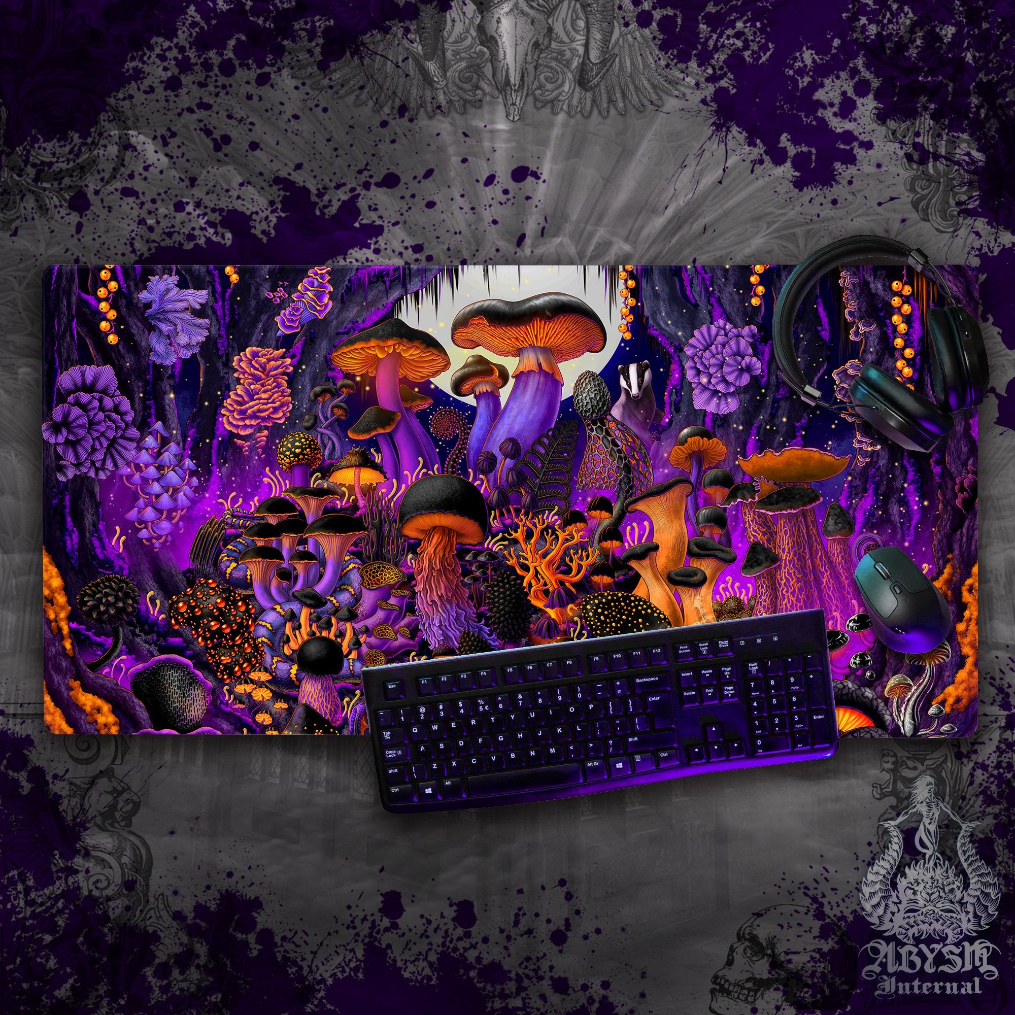 Halloween Gaming Mouse Pad, Purple Mushrooms Desk Mat, Shrooms Table Protector Cover, Magic Workpad