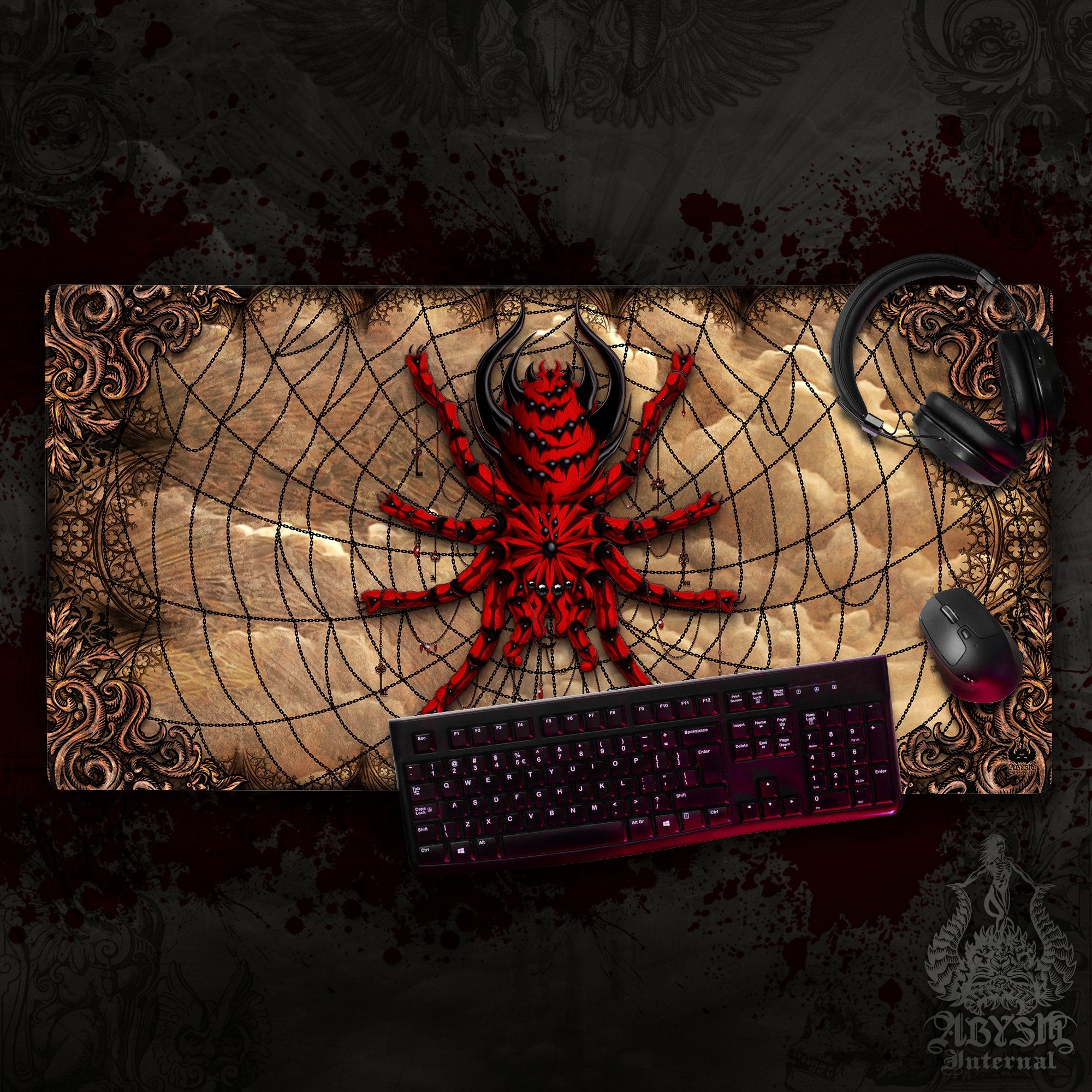 Halloween Mouse Pad, Gothic Gaming Desk Mat, Horror Tarantula Workpad, Gamer Table Protector Cover, Spider Art Print – 2 Colors
