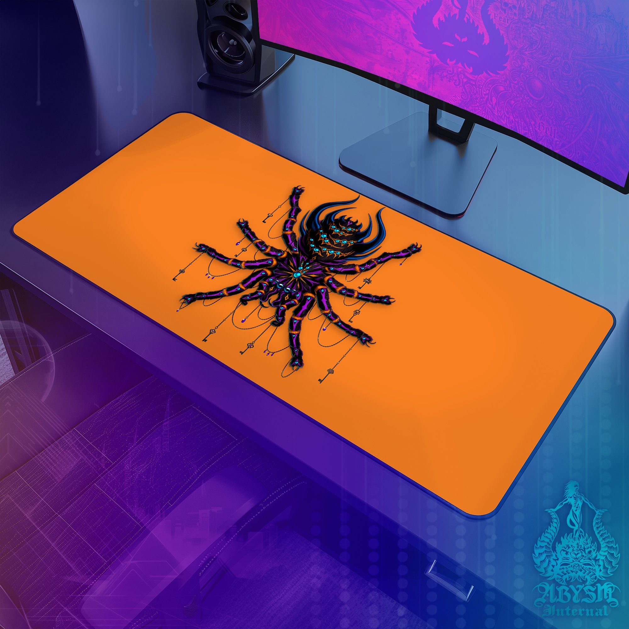 Halloween Mouse Pad, Neon Goth Gaming Desk Mat, Spider Workpad, Gamer Table Protector Cover, Tarantula Art Print