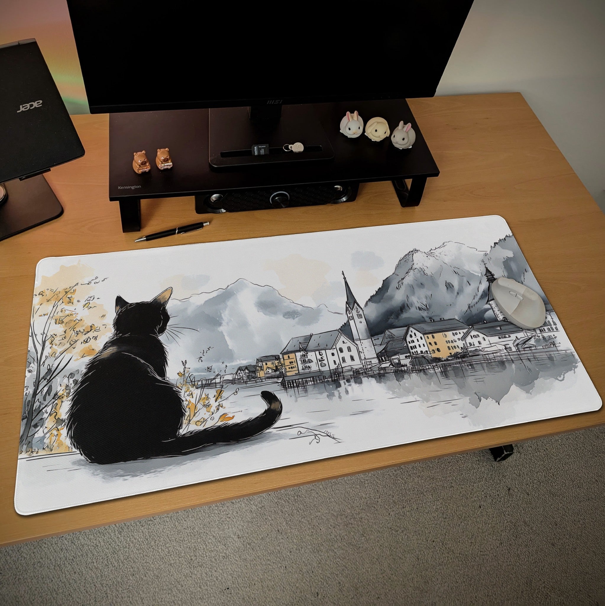Hallstatt Ink Sketch Style Desk Mat  Tranquil European Landscape  Nostalgic Small Town Black Cat