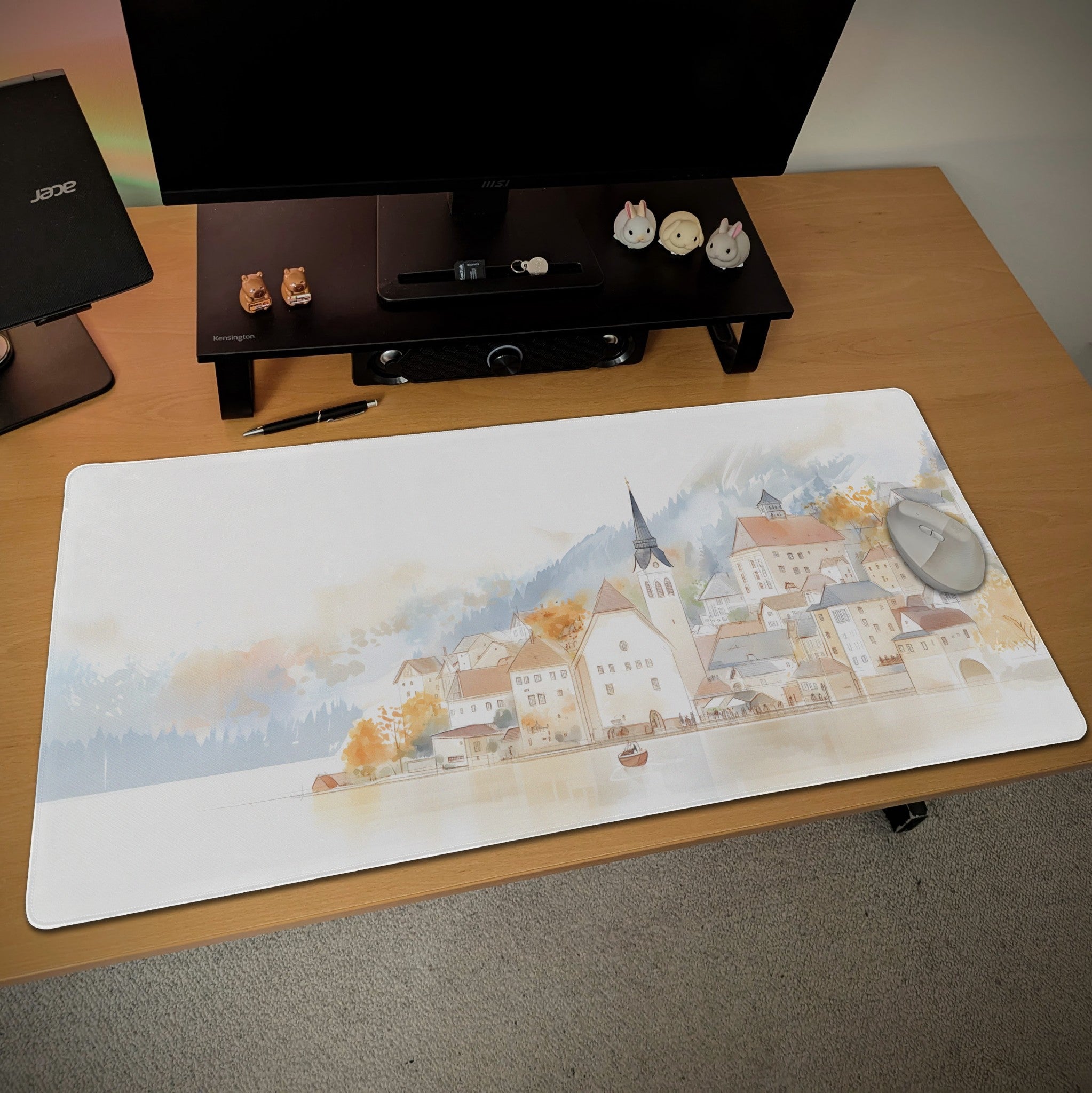 Hallstatt Lakeside Town Desk Mat  Watercolor Line Art  Artistic, Nostalgic European Landscape Mouse Pad