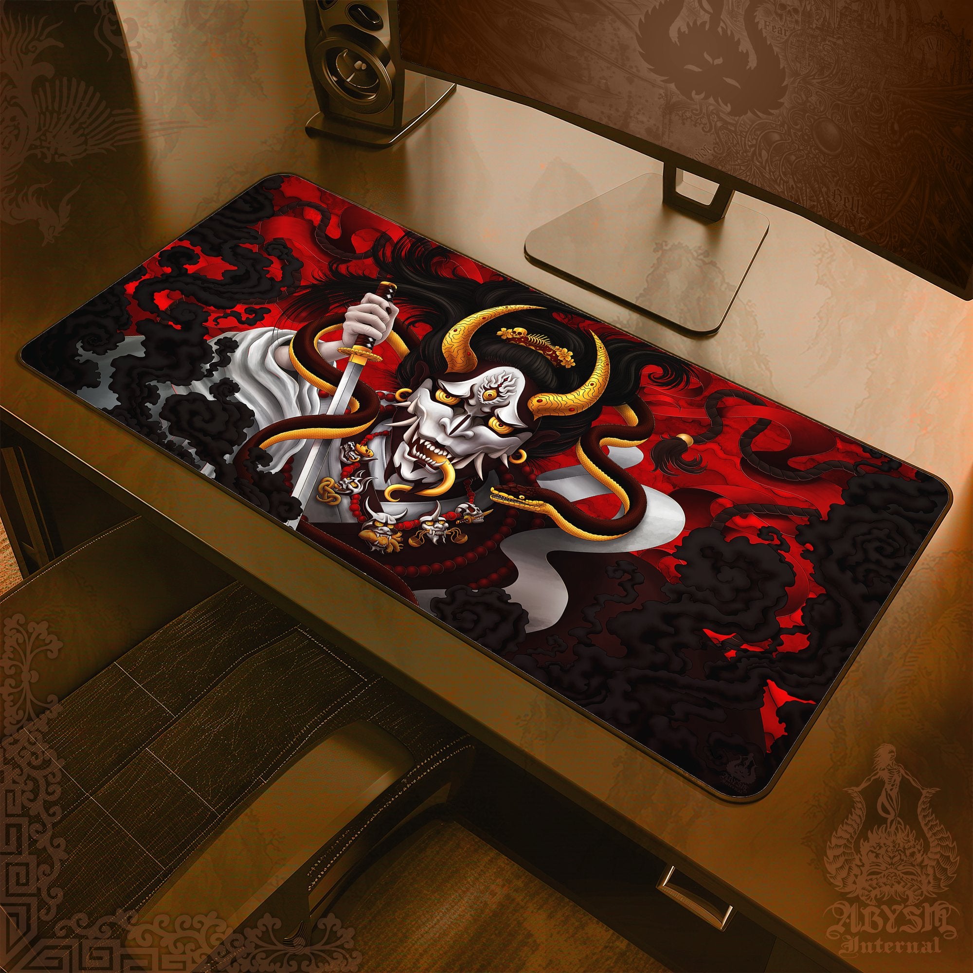 Hannya Desk Mat, Youkai Gaming Mouse Pad, Japanese Demon Table Protector Cover, Snake Workpad, Fantasy Anime and Manga Art Print – Original