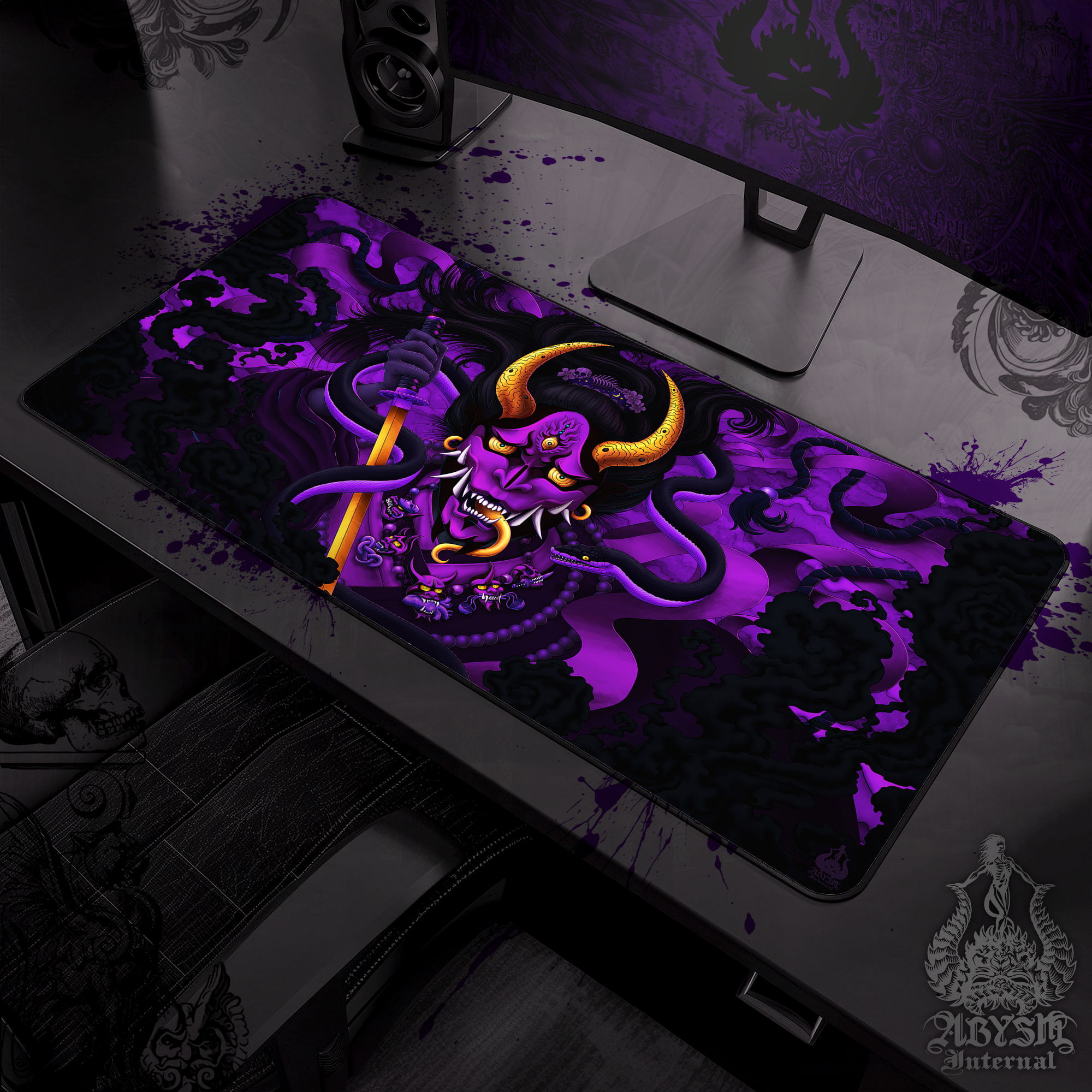 Hannya Gaming Desk Mat, Pastel Goth Youkai Mouse Pad, Japanese Demon Table Protector Cover, Purple Black Workpad, Fantasy Art Print
