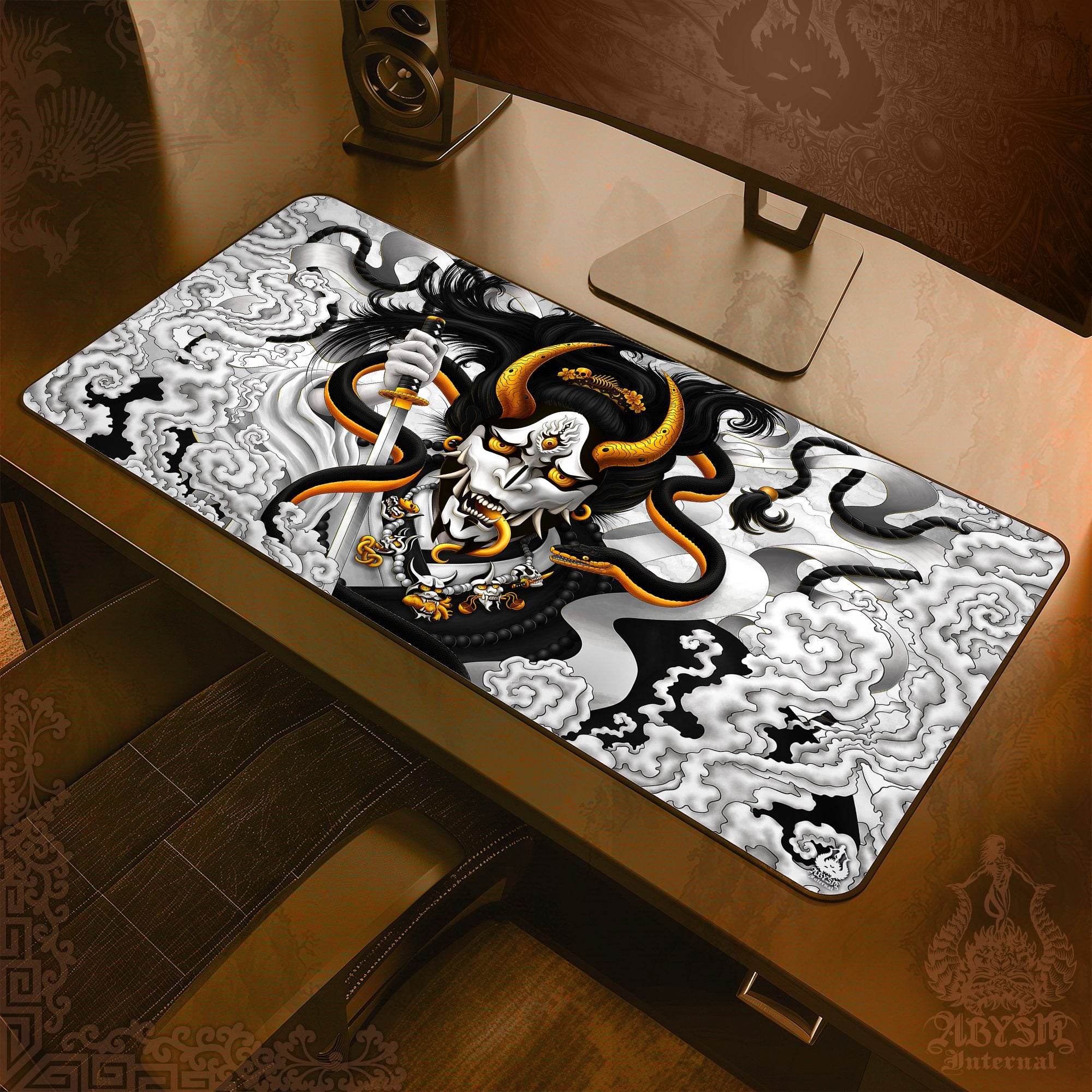 Hannya Gaming Mouse Pad, Youkai Desk Mat, Japanese Demon Table Protector Cover, Black and White Workpad, Fantasy Anime and Manga Art Print – Snake