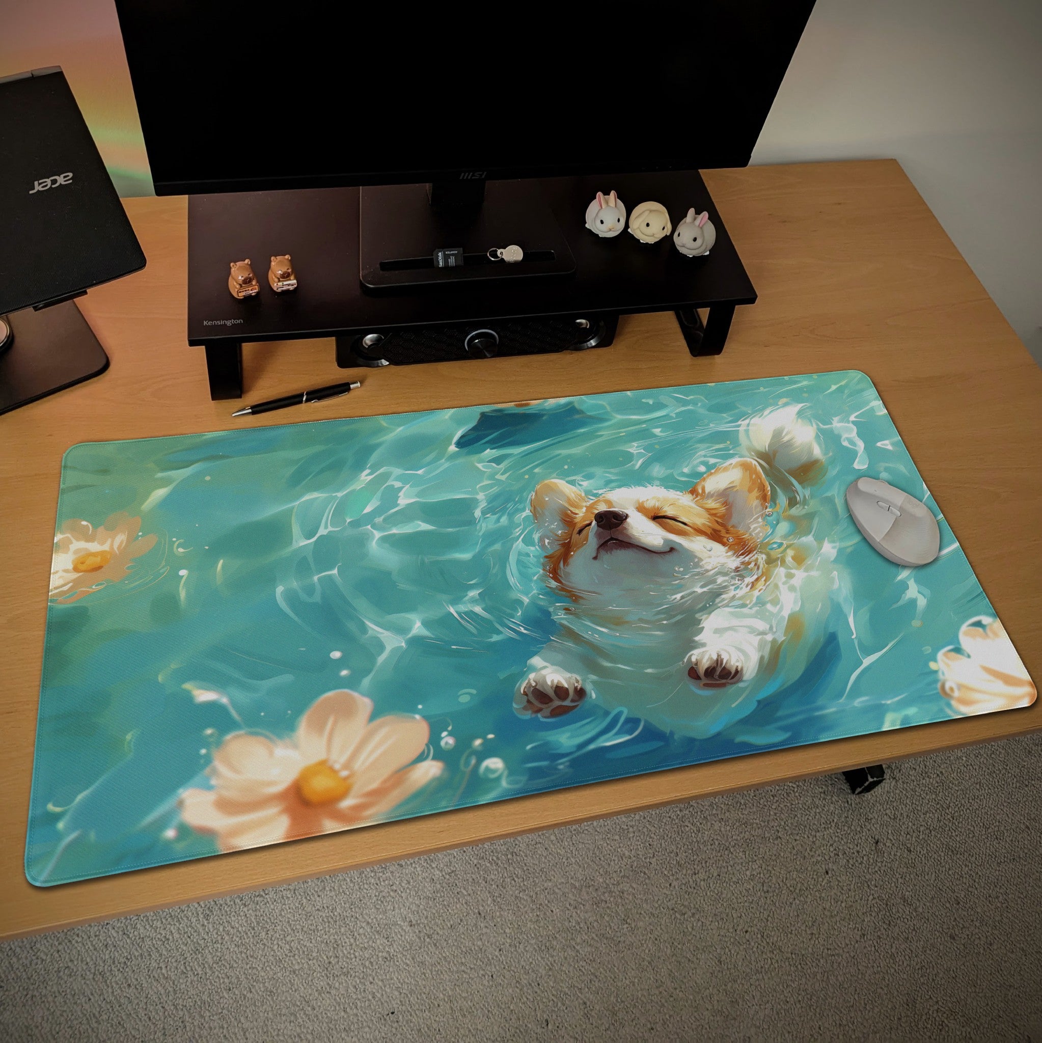 Happy Corgi Dog Desk Mat  Cute Aesthetic Mouse Pad, Watercolor Painting Style Desk Mat  Kawaii Dog Lover Desk Decor, Teal Color Mouse Pad