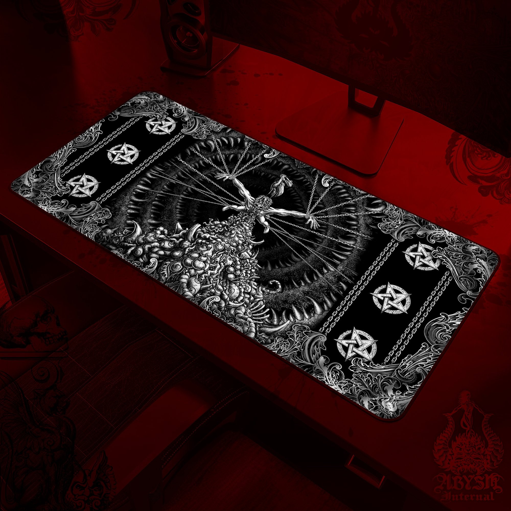 Horror Desk Mat, Goth Hell Gaming Mouse Pad, Gothic Table Protector Cover, Gore and Blood Workpad, Dark Fantasy Art Print – Pentagrams, Purging