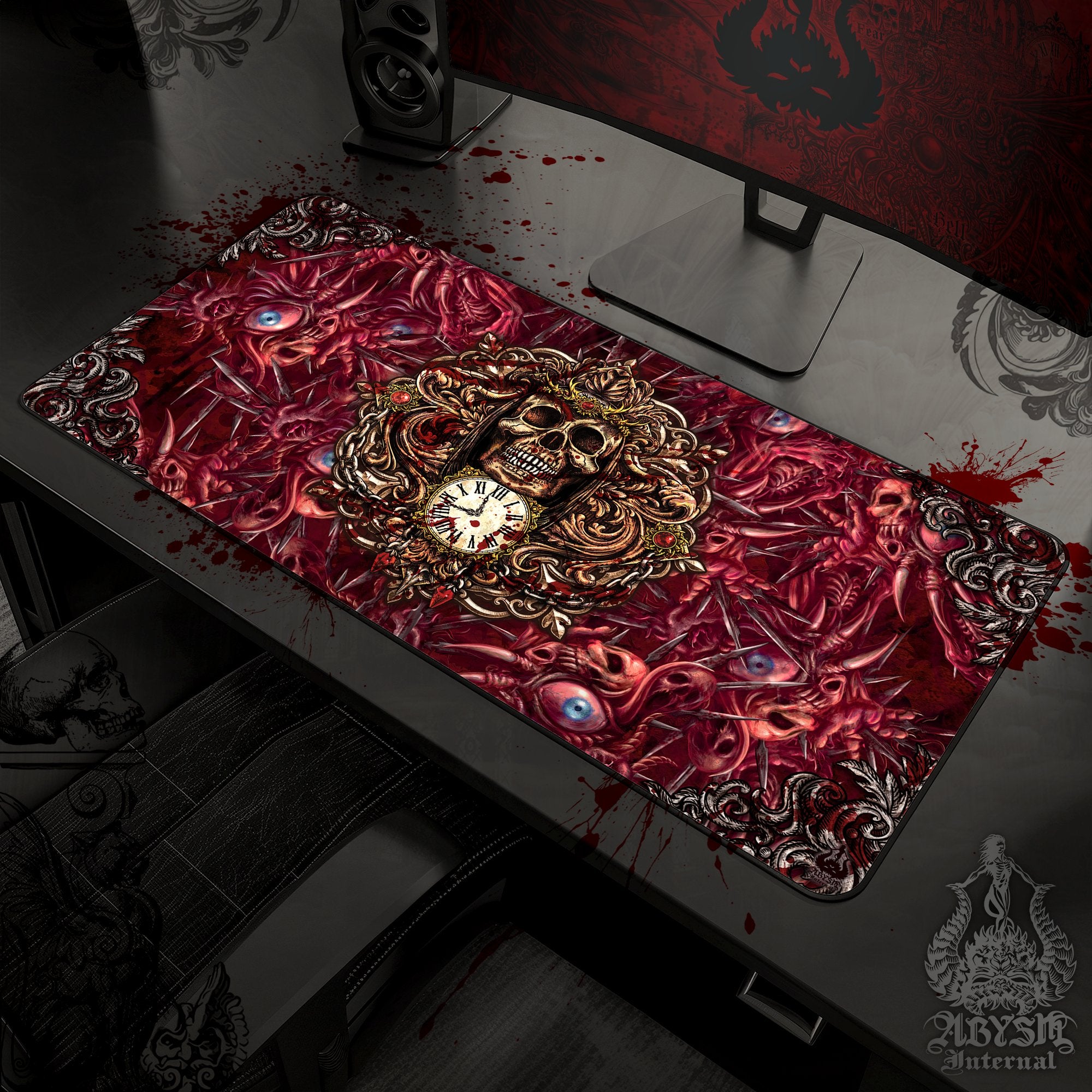 Horror Desk Mat, Grim Reaper Skull Gaming Mouse Pad, Halloween Table Protector Cover, Gore and Blood Workpad, Scary Dark Fantasy Art Print