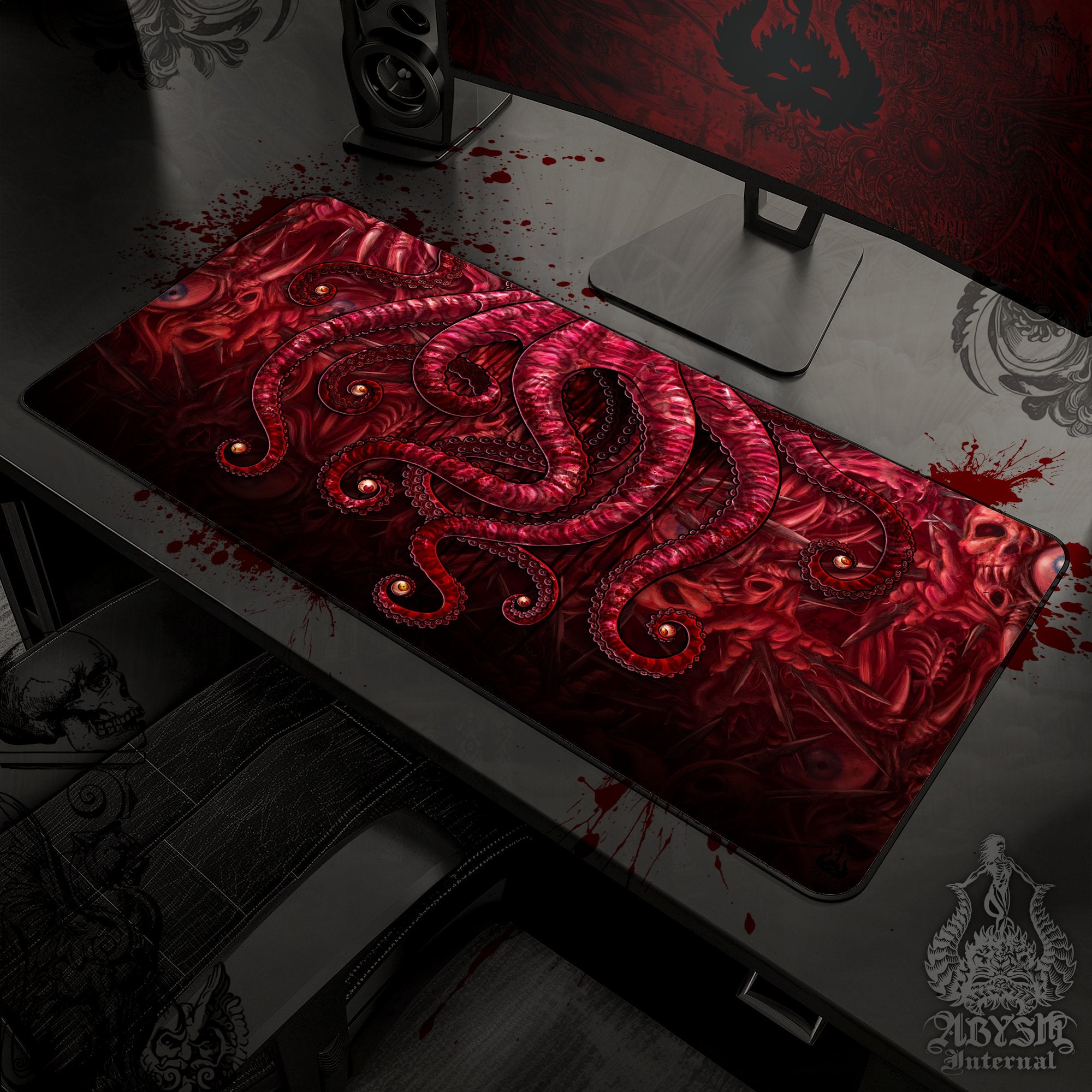 Horror Desk Mat, Monster Eyeballs Gaming Mouse Pad, Halloween Tentacles Table Protector Cover, Octopus Workpad, Art Print – Gore Blood