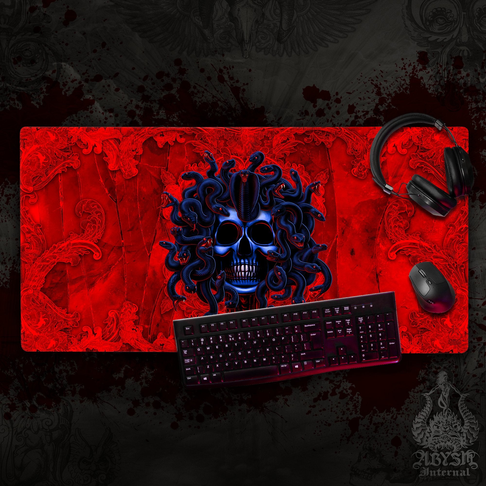 Horror Gaming Desk Mat, Medusa Mouse Pad, Skull Table Protector Cover, Halloween Workpad, Dark Fantasy Art Print – Bad Neon, 3 Options
