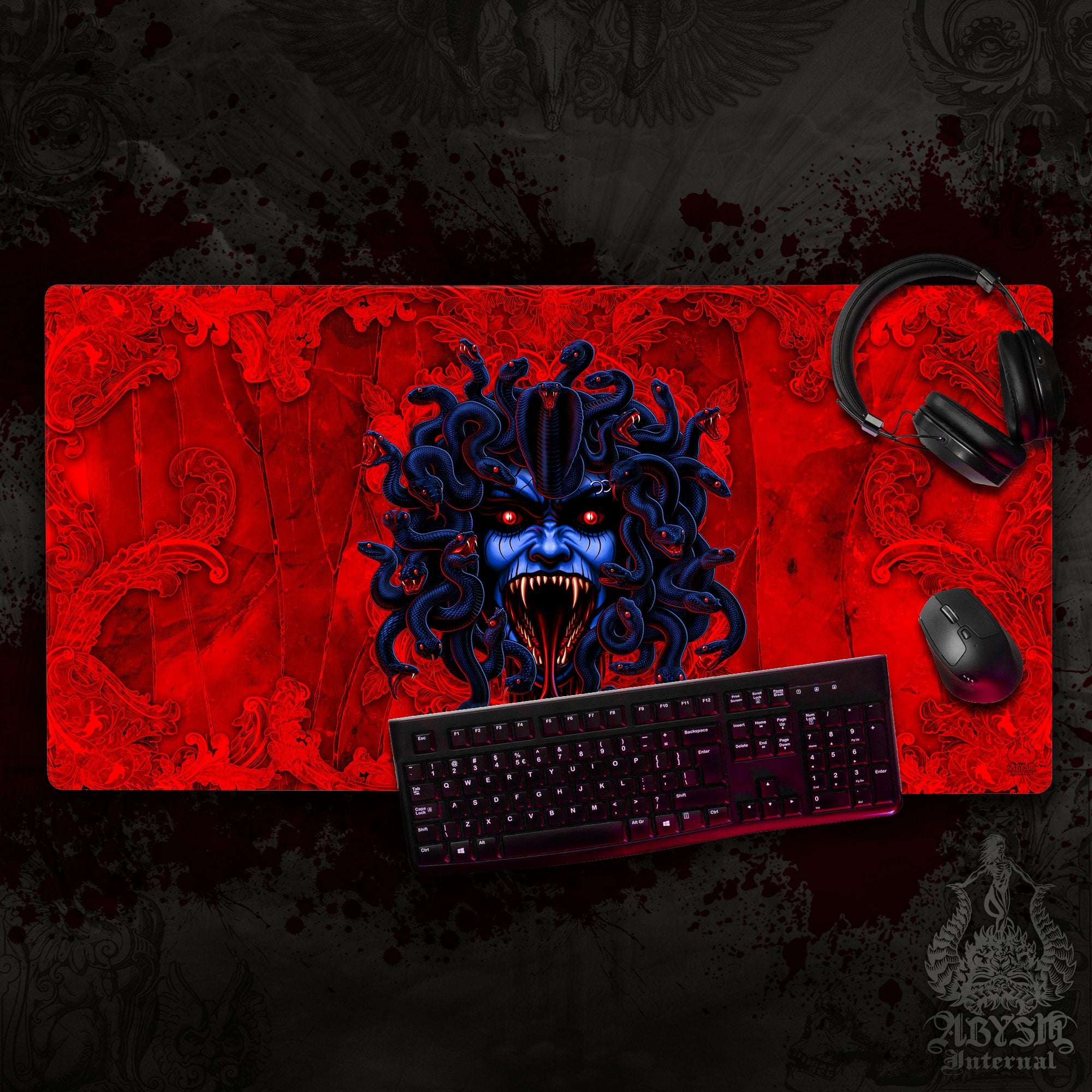 Horror Gaming Desk Mat, Medusa Mouse Pad, Skull Table Protector Cover, Halloween Workpad, Dark Fantasy Art Print – Bad Neon, 3 Options Horror Gaming Desk Mat, Medusa Mouse Pad, Skull Table Protector Cover, Halloween Workpad, Dark Fantasy Art Print – Bad Neon, 3 Options