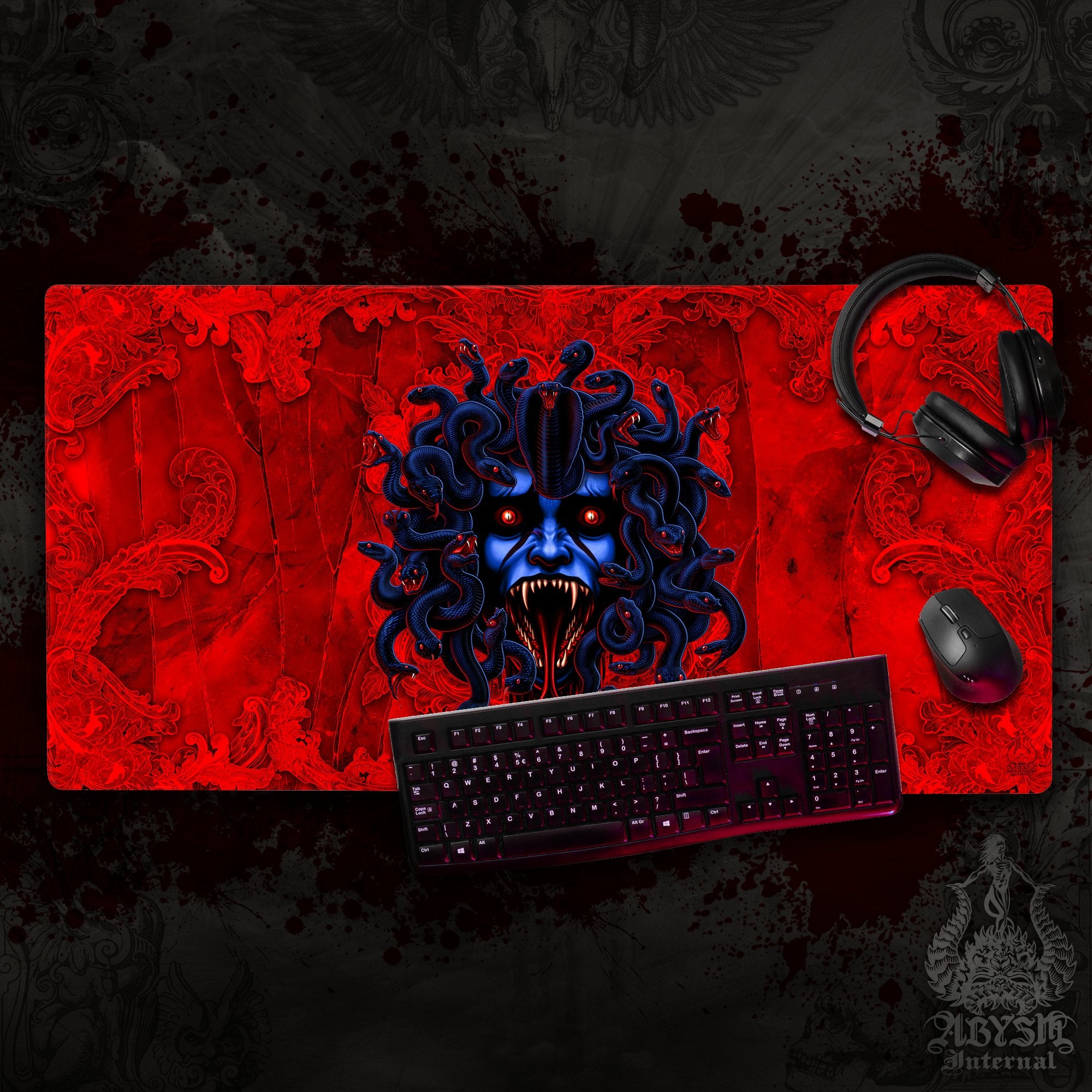 Horror Gaming Desk Mat, Medusa Mouse Pad, Skull Table Protector Cover, Halloween Workpad, Dark Fantasy Art Print – Bad Neon, 3 Options Horror Gaming Desk Mat, Medusa Mouse Pad, Skull Table Protector Cover, Halloween Workpad, Dark Fantasy Art Print – Bad Neon, 3 Options